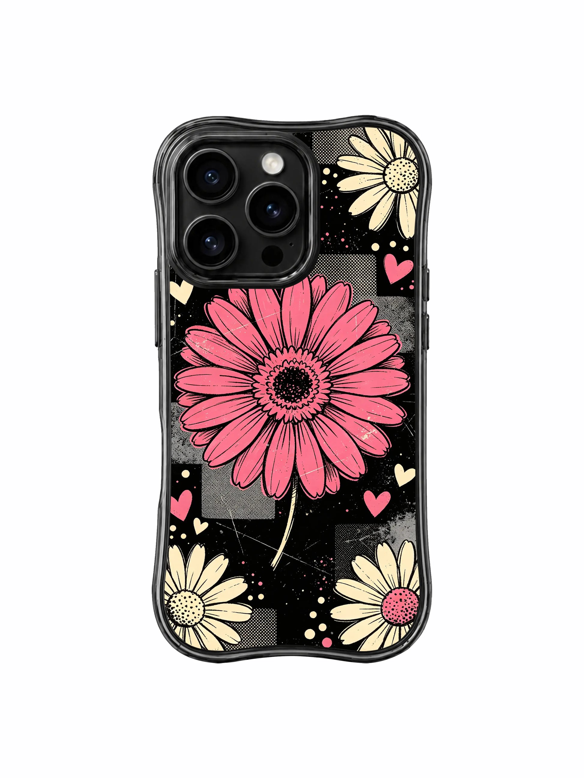 PhoneCasing iPhone 16 pro Case with rough scratched vintage poster grunge grain, faint halftone square patches and uneven hand-drawn flower outlines, exclusive Ruby Daze artwork, scratch resistant phone protection.