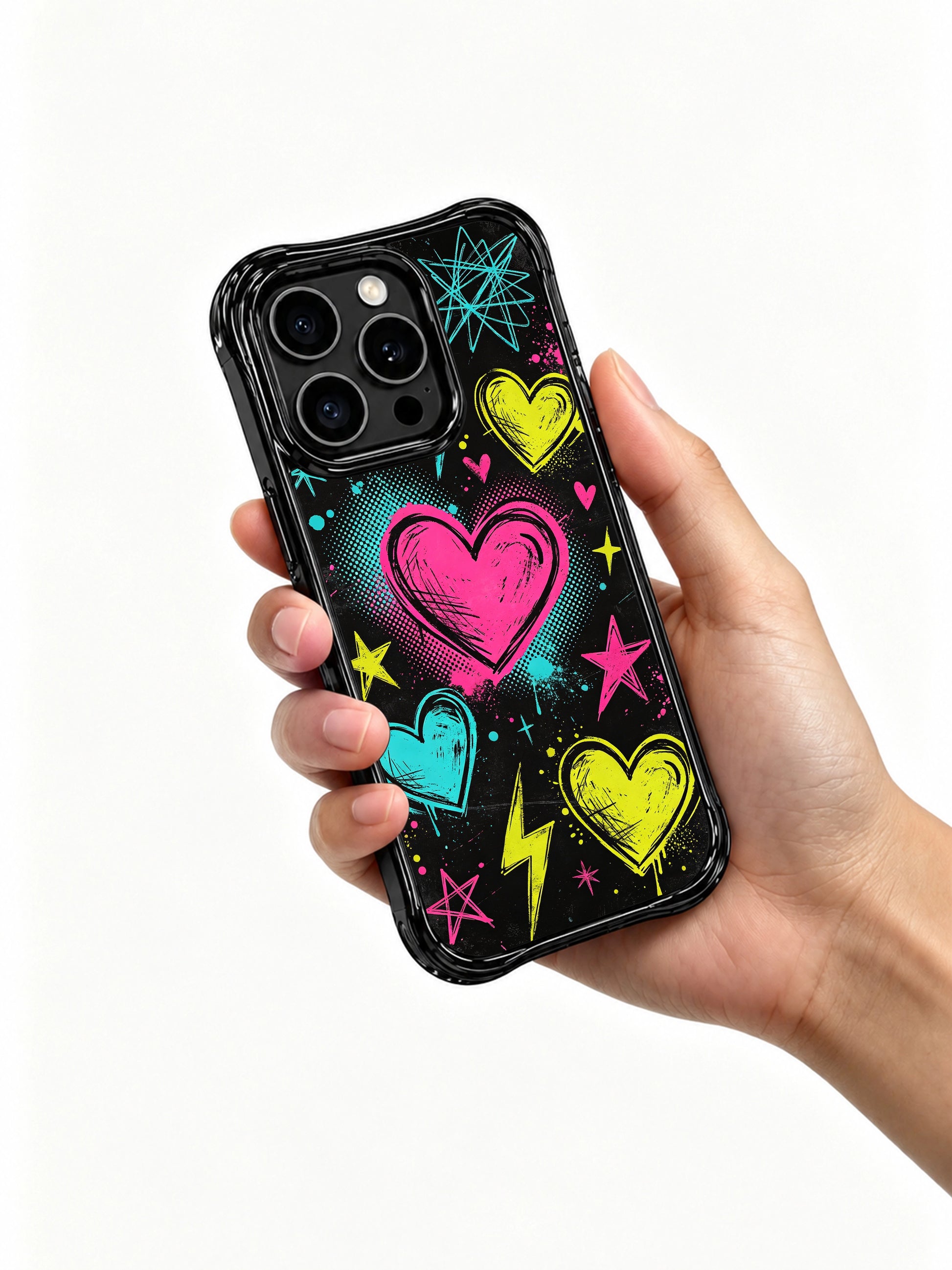 PhoneCasing iPhone 13 Pro Max casing showcasing rough cross-hatch scratch punk hearts, paint drip splatter decor, cool rebellious daily wear phone case.