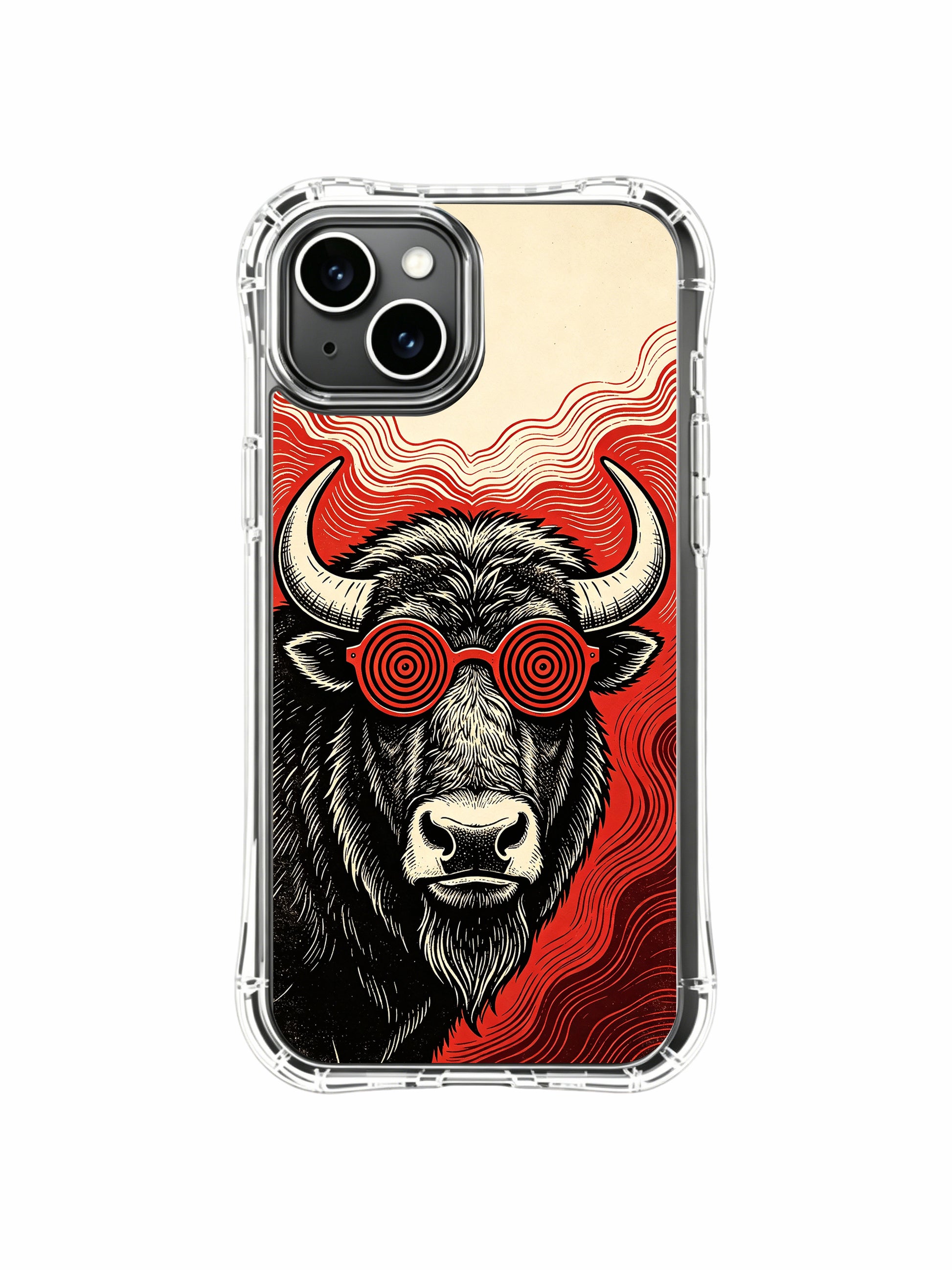 Vintage screen print textured buffalo fine art on PhoneCasing iPhone 13 Case, licensed Rufus Vale collab collectible phone case produced at US local atelier.