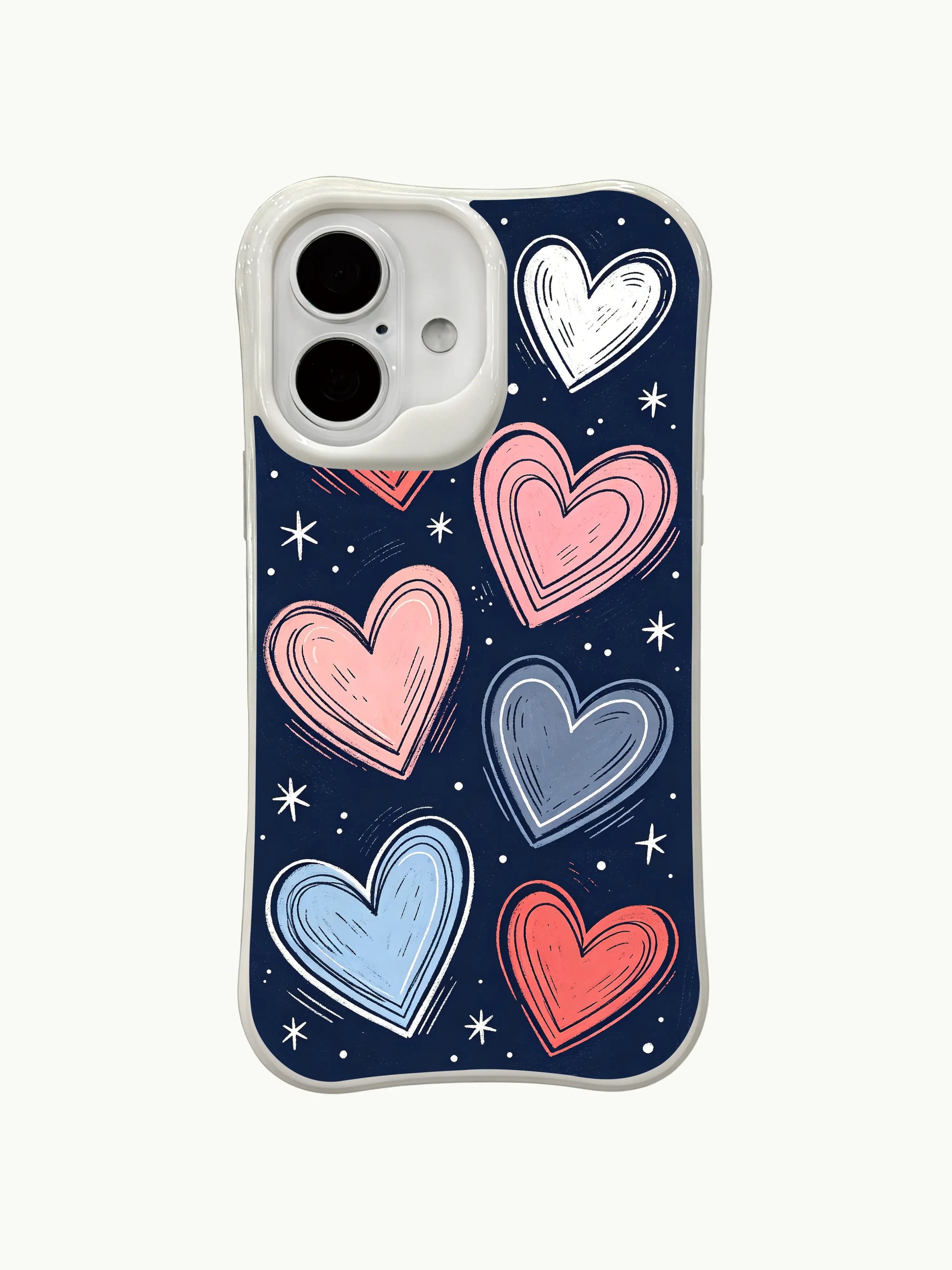 PhoneCasing scribble pastel hearts iPhone 16 plus case, soft pink and blue hearts with layered outlines, cheerful and gentle vibe.