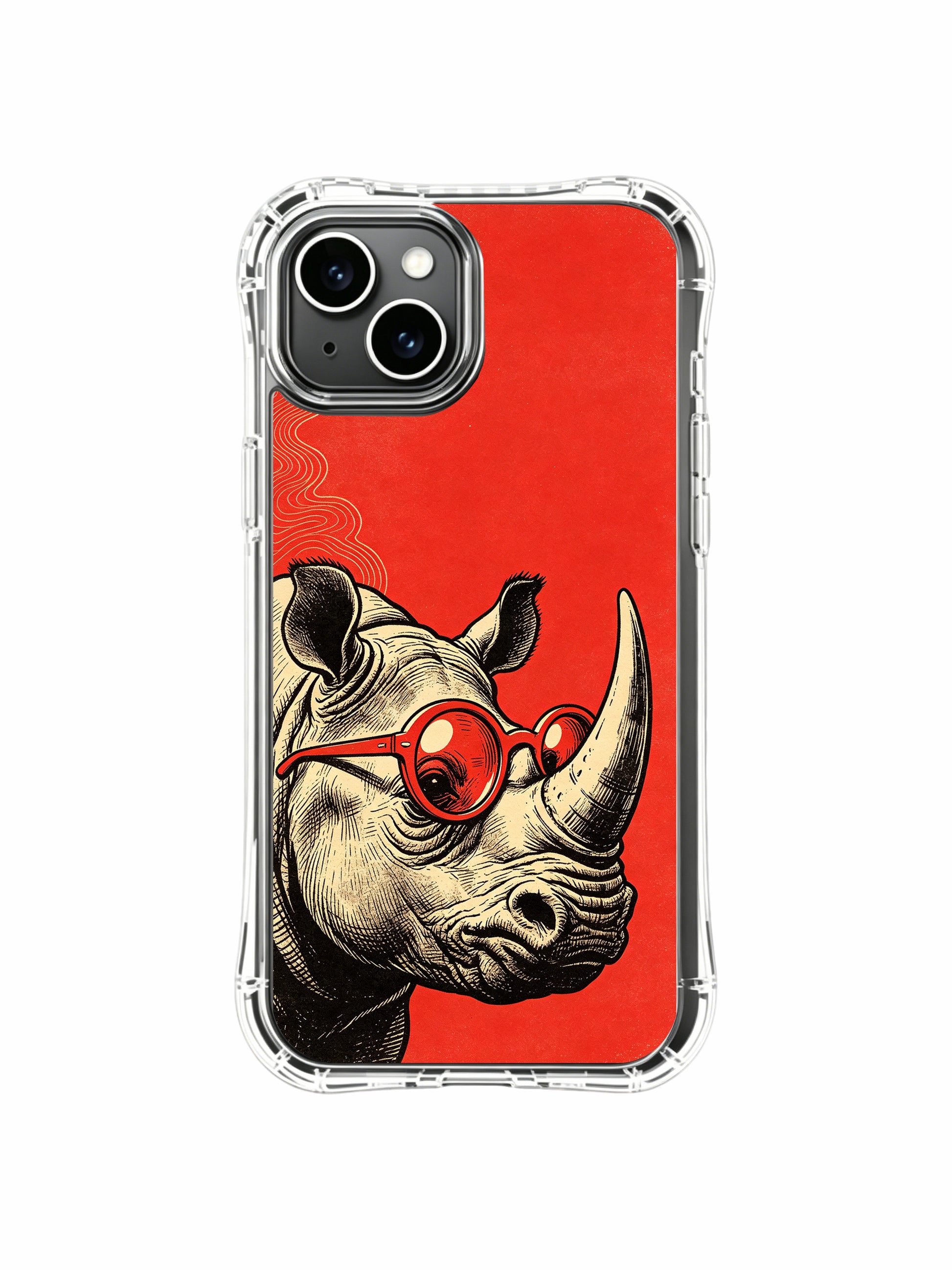 Sculpture philosophy bespoke fine art red glass retro rhino design by Rufus Vale on PhoneCasing iPhone 13 Case, exclusive limited-run art casing shipped from California USA.