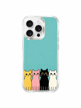 PhoneCasing iPhone 16 pro max protective case with cats lined up against a calm teal background, breezy and peaceful.