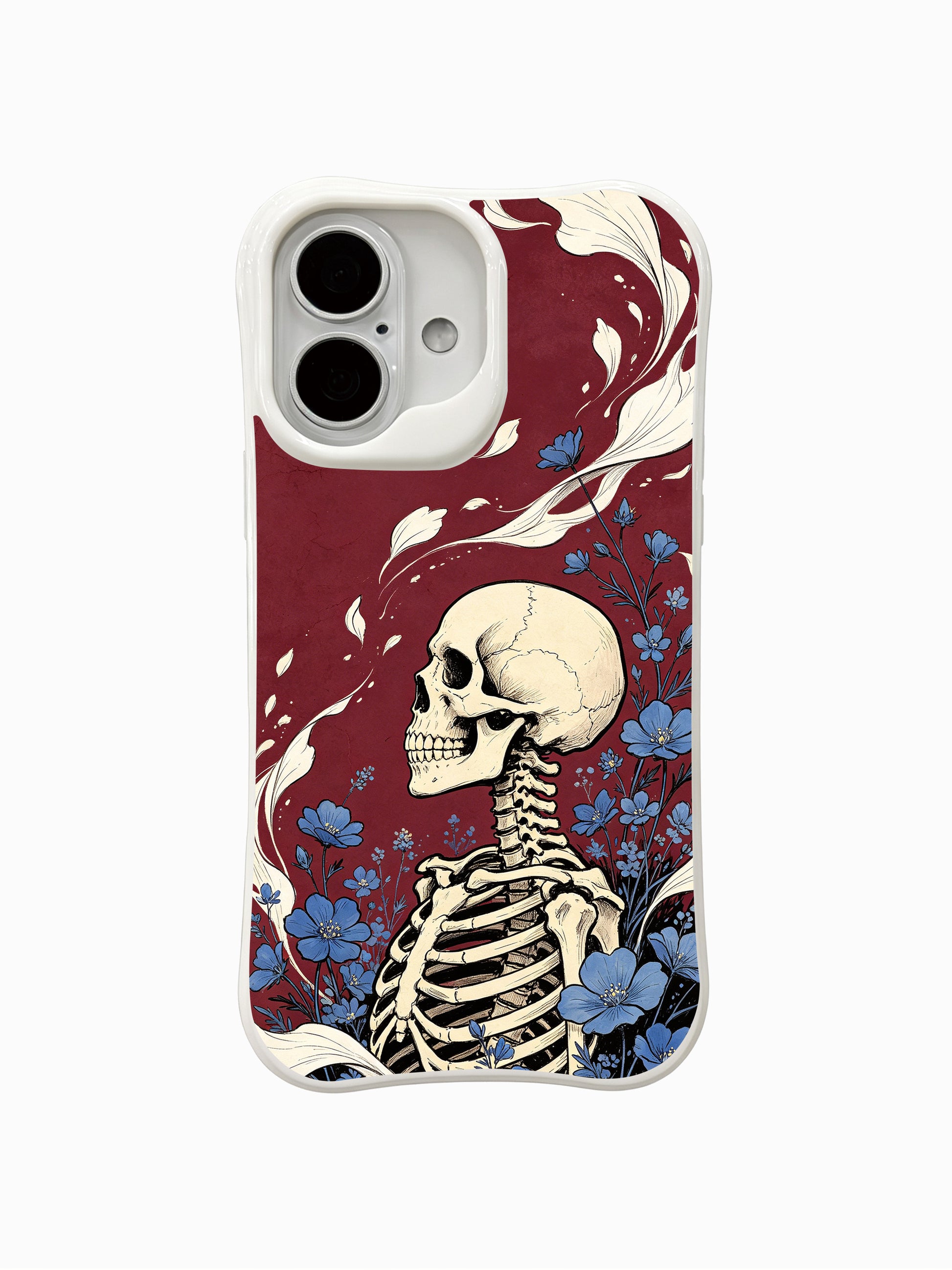 PhoneCasing Sea Breeze Bone Bloom fine art iPhone 16 Case, original Morrigan Vale old-school goth tattoo artwork with blue delphinium blooms & drifting white petal on vintage burgundy backdrop, scratch resistant glossy casing crafted in California