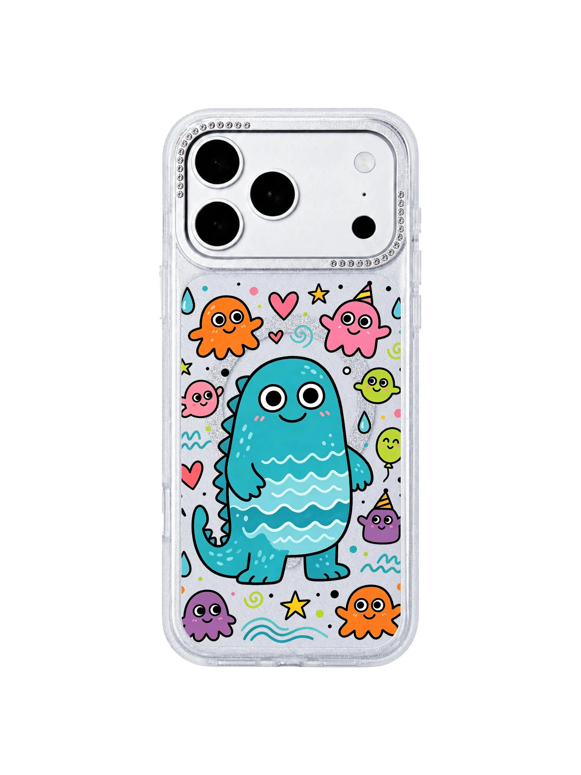 PhoneCasing dual fold device mockup showcasing Seaside Blue Creature iPhone 17 Pro Max case, translucent glitter iPhone 17 Pro Max casing paired with blank silver iPhone 17 Pro Max bare frame, full ocean friend print coverage