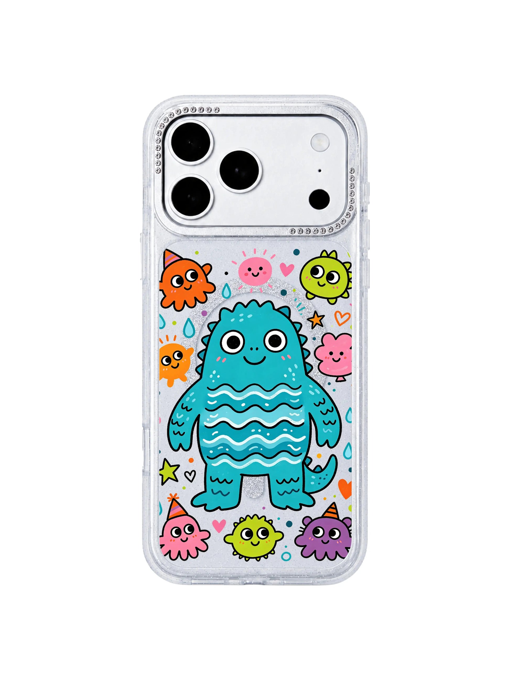 PhoneCasing partial back close-up showing integrated MagSafe wireless charging ring inside Seaside Blue Monster Friends iPhone 17 Pro Max case, seamless magnetic compatibility showcase for the iPhone 17 Pro Max casing