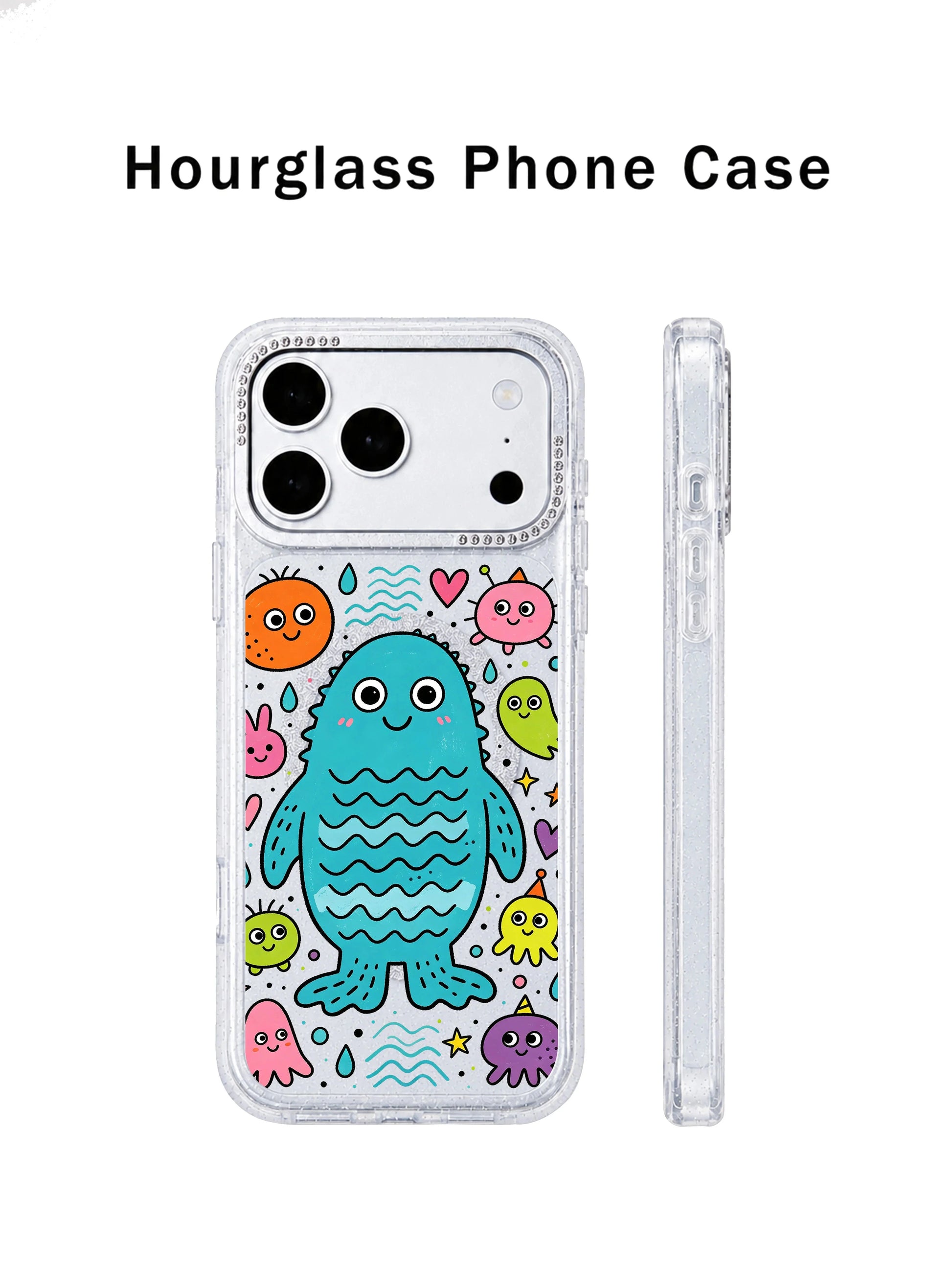 PhoneCasing dual-angle carousel overview graphic of Seaside Blue Monster Gang iPhone 17 Pro Max case, combining front wave character artwork and rhinestone frame shots for Shopify product carousel slides of the iPhone 17 Pro Max casing