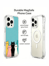 PhoneCasing iPhone 16 pro max protective case with a whimsical illustration of cats peeking over a calm teal background.