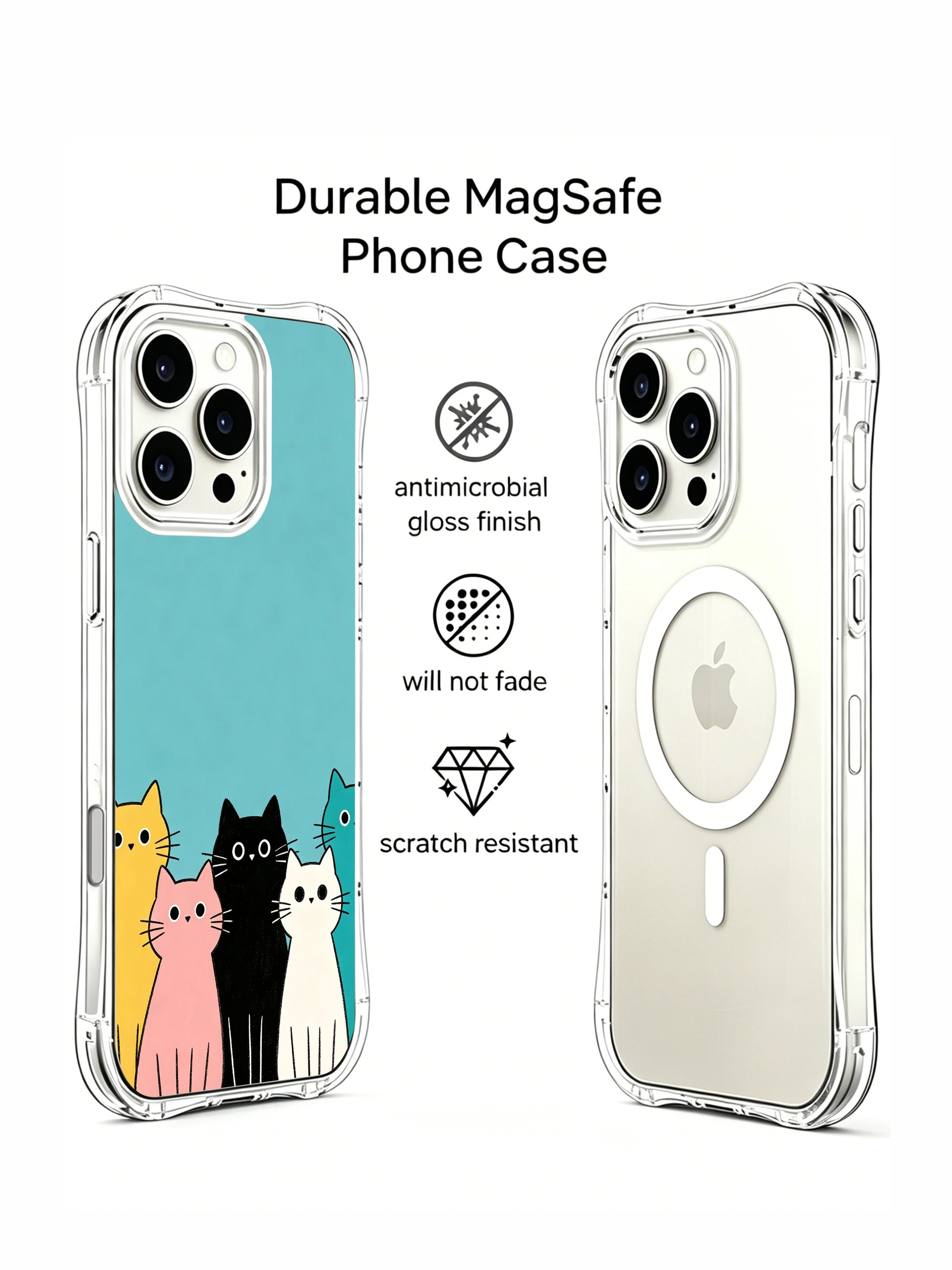 PhoneCasing iPhone 16 pro max protective case with a whimsical illustration of cats peeking over a calm teal background.