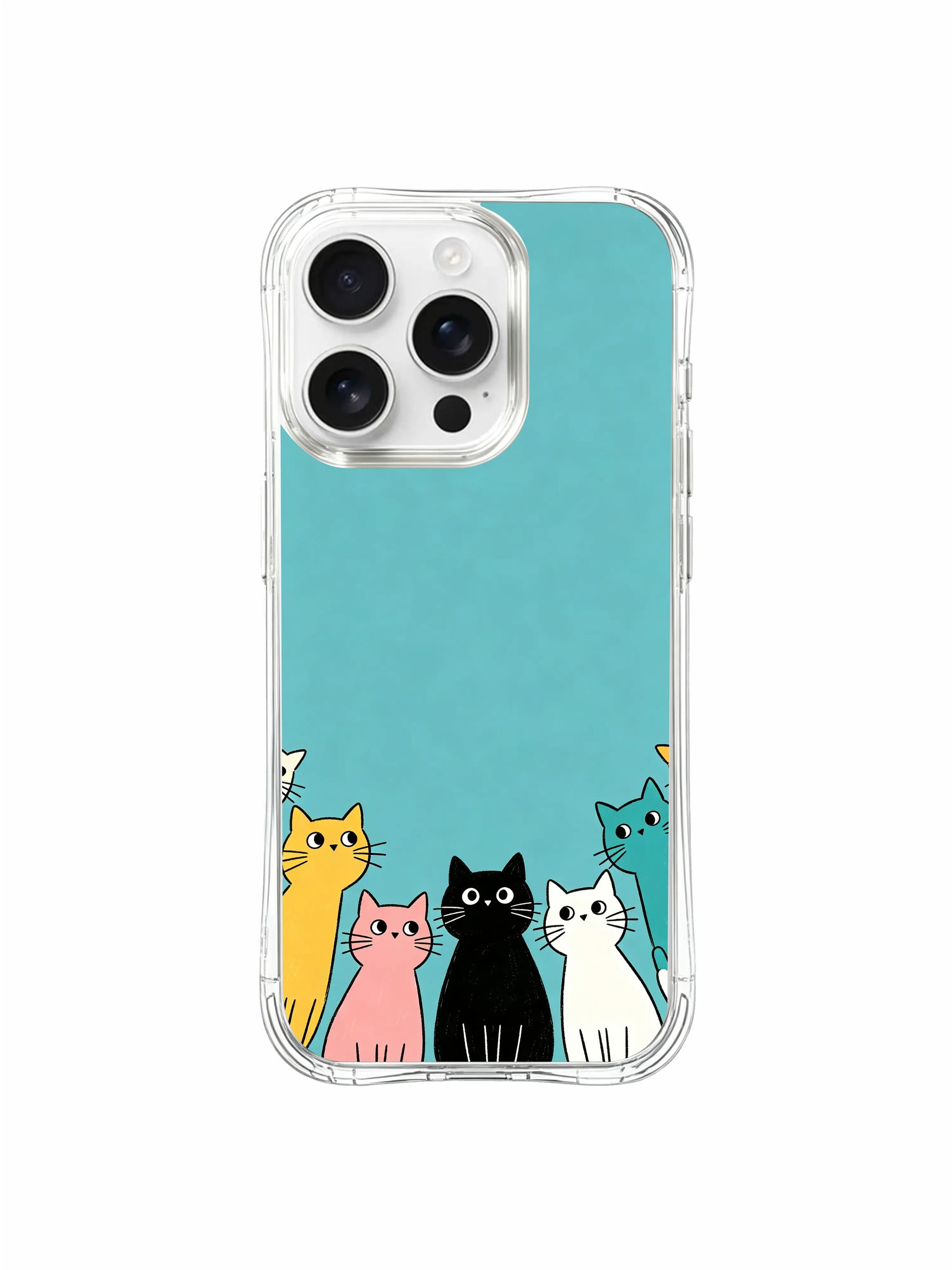 PhoneCasing iPhone 16 pro max anti-yellowing case with Mimi Colorfield art, cute cats on a calm sea-blue canvas.