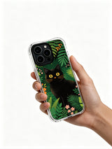Secluded jungle PhoneCasing iPhone 13 pro Case, scratch-resistant phone casing featuring hidden feline framed by detailed veined tropical leaves and scattered pink blooms, sophisticated wearable art phone cover.