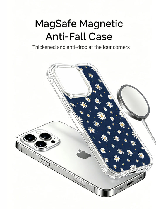 PhoneCasing iPhone 16 Pro Max Case with Secret Daisy Whispers art, tiny white blooms glowing softly on a midnight blue background.
