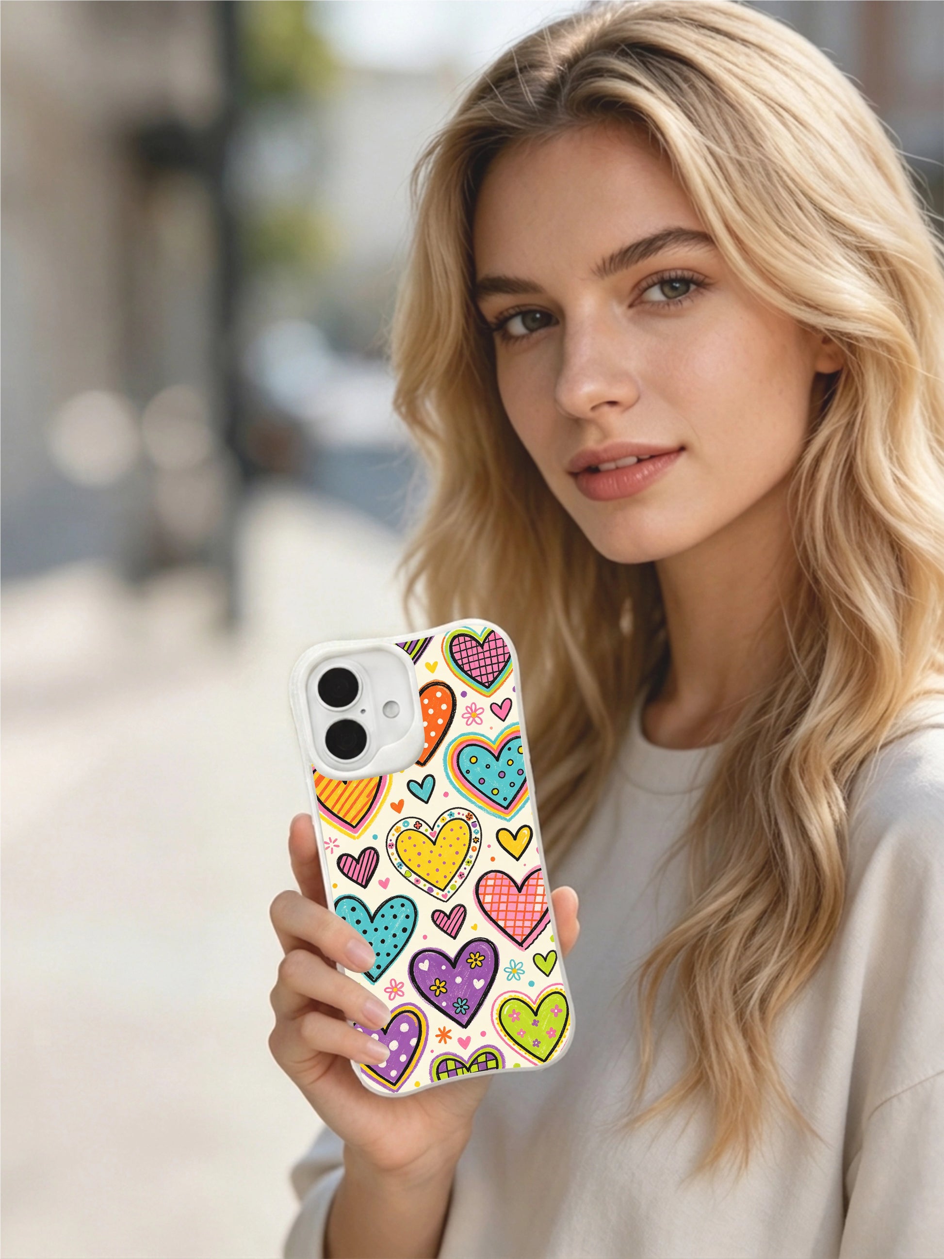 PhoneCasing secret joy party iPhone 16 plus case, original artwork by Daisy Vale showcasing a lovely heart celebration scene.