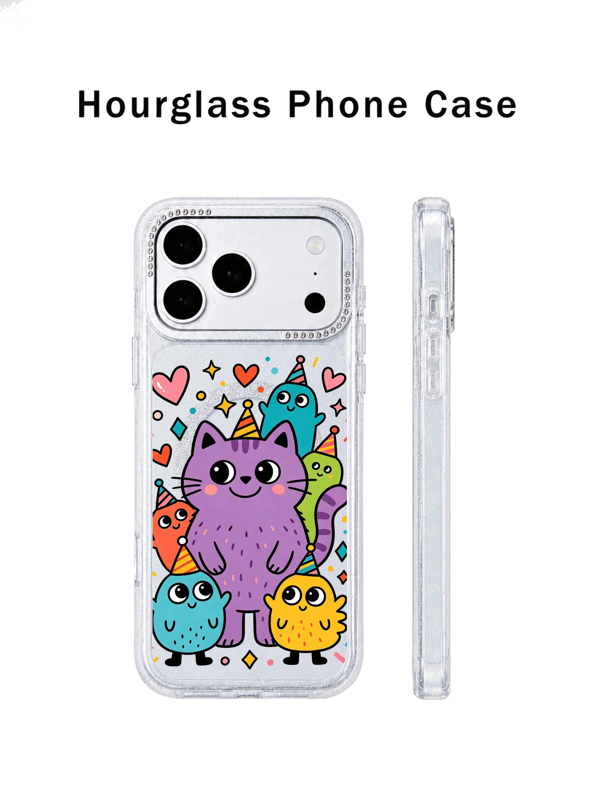 PhoneCasing hourglass three-sided technical render for Self-Love Cat Creature iPhone 17 Pro Max case, displaying front purple cat artwork, sparkly glitter silicone bumper and crystal rhinestone camera trim for iPhone 17 Pro Max casing detail page