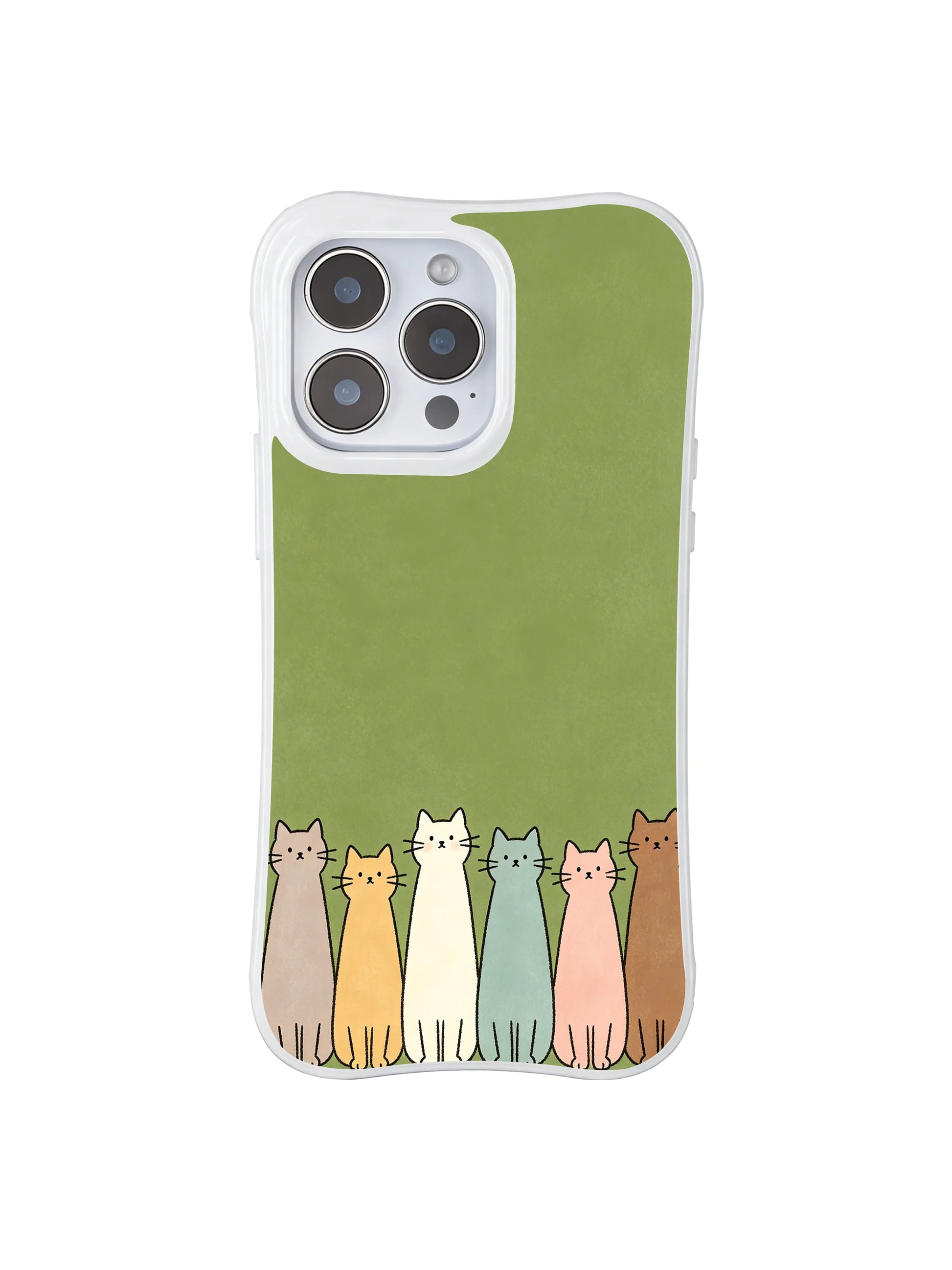 PhoneCasing iPhone 16 Pro Max featuring Serene Green Cat Lineup, pastel felines adding warmth to a calm, forest-inspired backdrop.