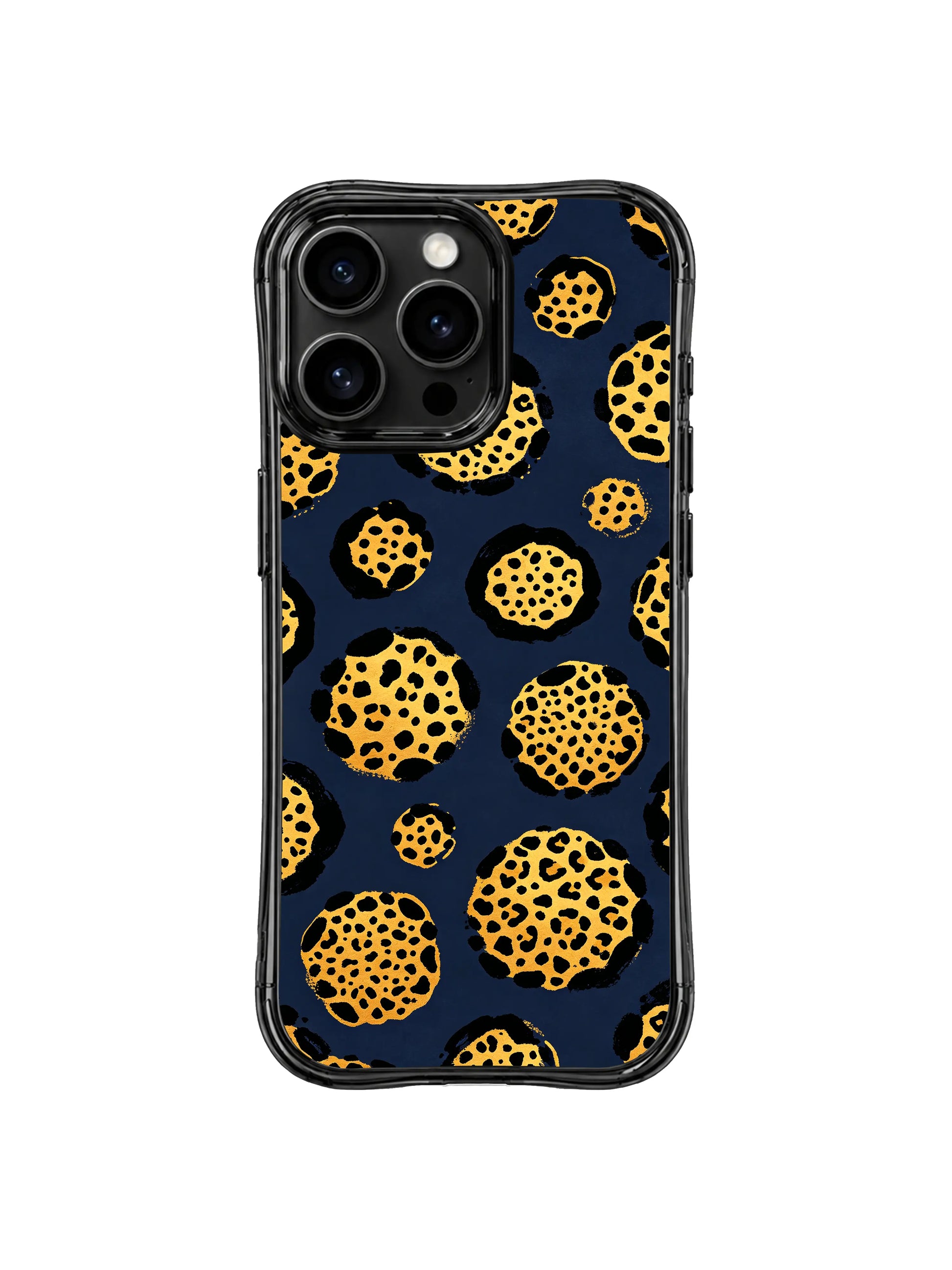 Serene restrained opulent wild leopard motif iPhone 14 Pro Case by PhoneCasing, deep midnight watercolor negative space softens thick textured black brush rosette borders for calm balanced luxury visual flow