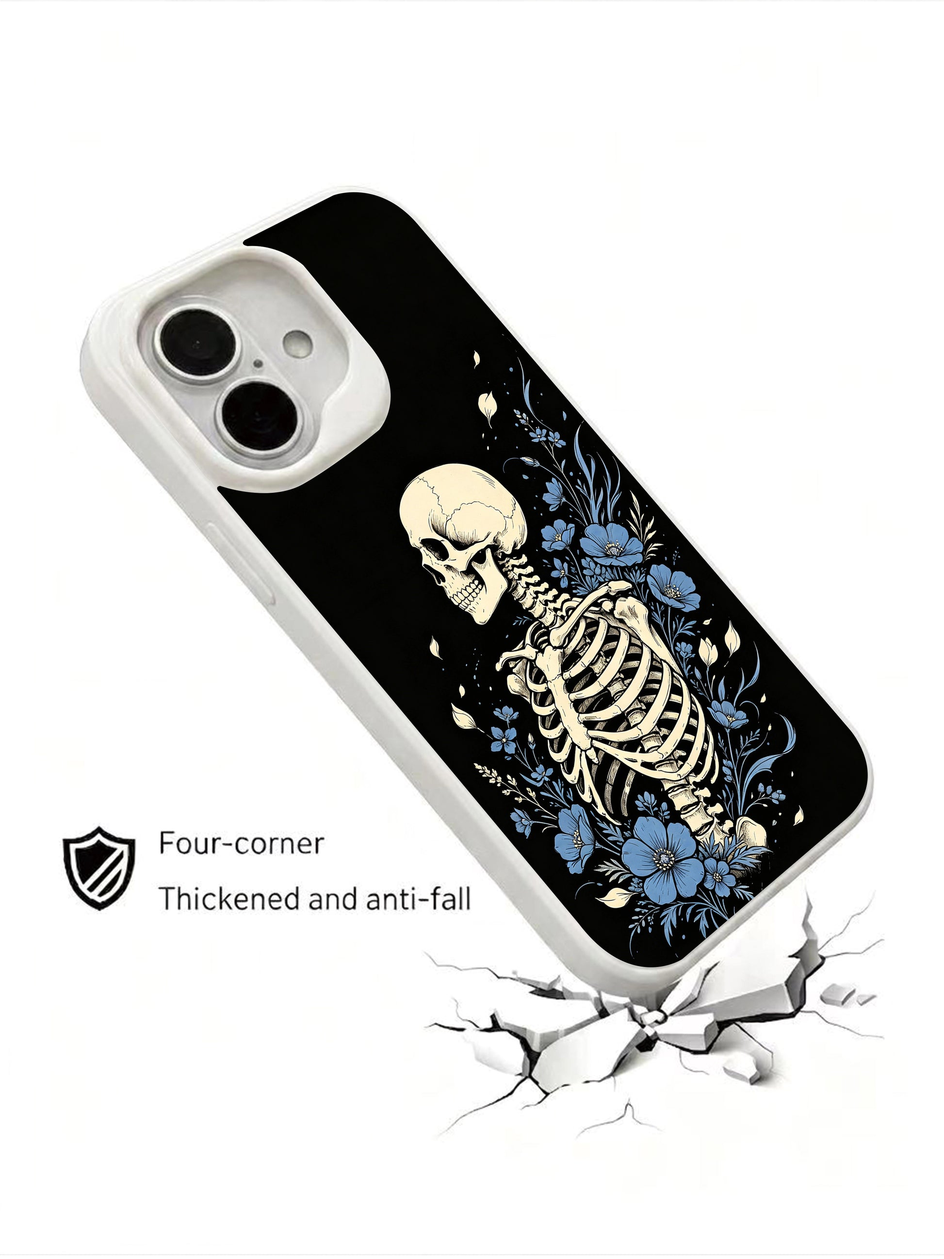 PhoneCasing Set Sail Amid Darkness goth iPhone 16 Case, dark academia side torso skeleton illustration with floating blue blossoms winding around rib cage, four-corner anti-drop reinforced casing USA-made
