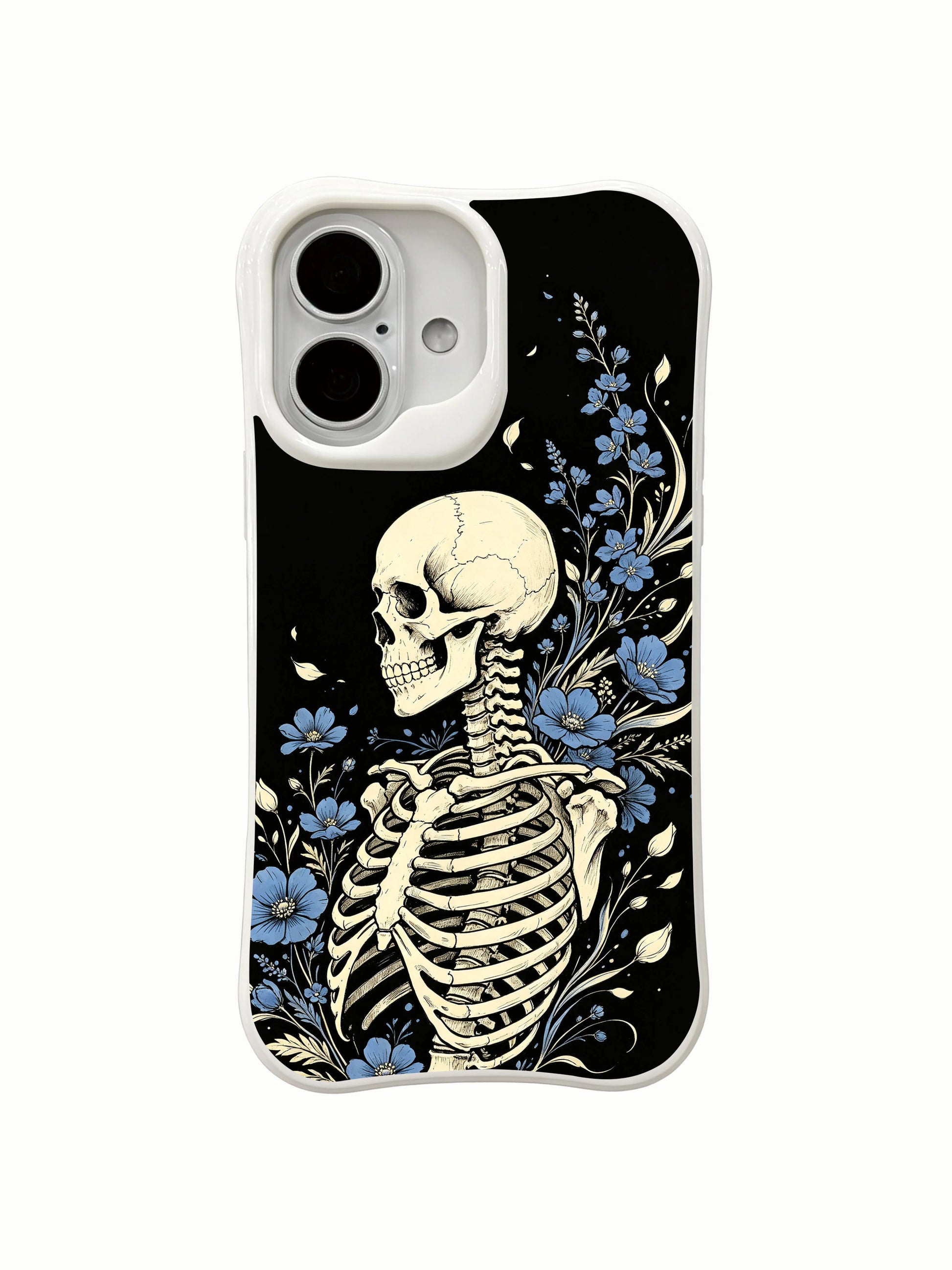 PhoneCasing Set Sail In Void goth iPhone 16 Case, dark academia side torso skeleton illustration with drifting blue blossoms winding around rib cage, four-corner anti-drop reinforced casing USA-produced