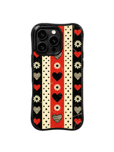 PhoneCasing iPhone 16 pro Case balancing soft vintage daisy gentleness and gritty worn punk checker stripe ruggedness via multi-style heart dot band motifs, Ruby Daze Punk Daisy Checker Love wavy design for daily alternative campus casual wear.