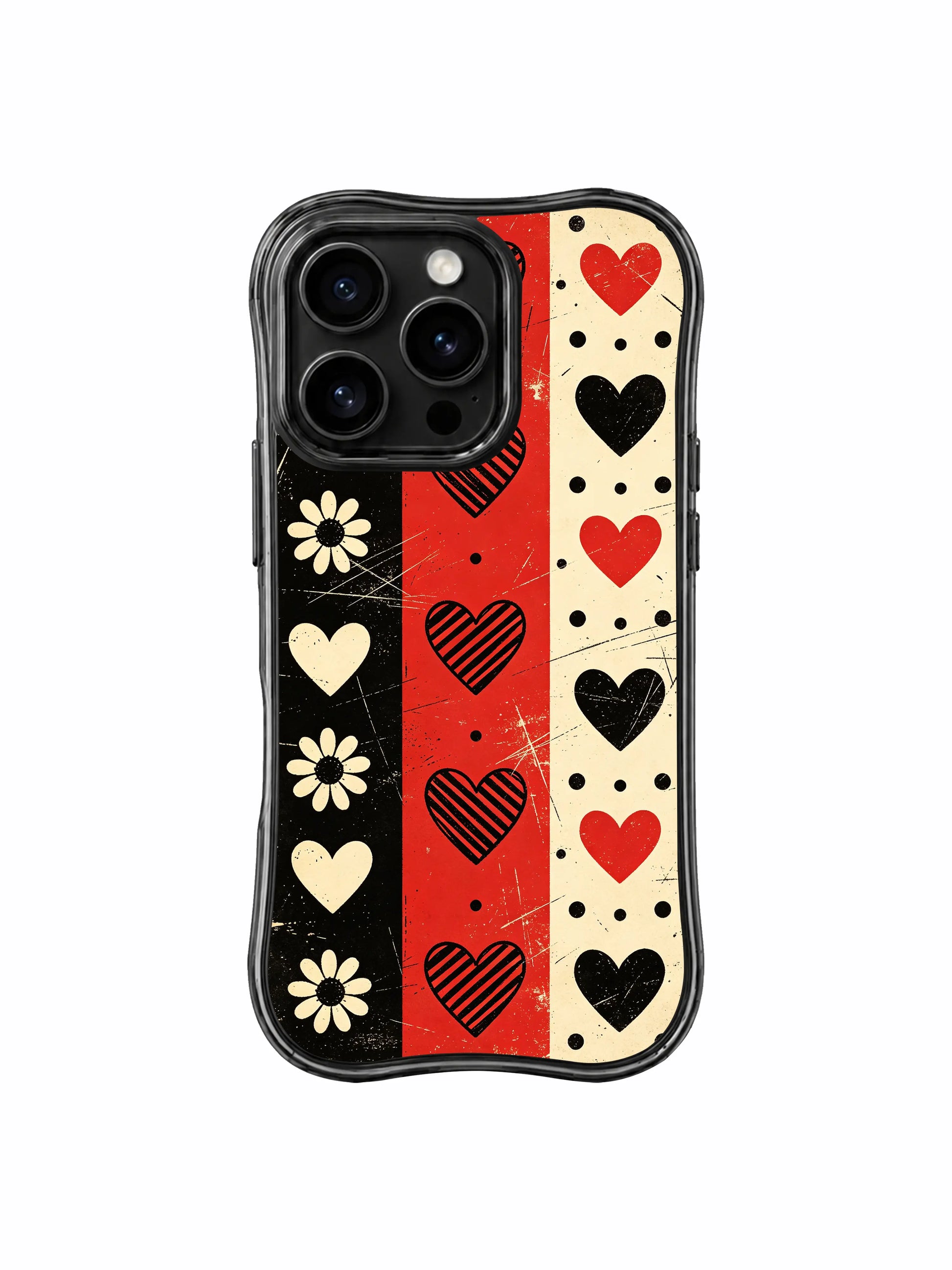 PhoneCasing iPhone 16 pro Case balancing soft vintage daisy gentleness and gritty worn punk checker stripe ruggedness via multi-style heart dot band motifs, Ruby Daze Punk Daisy Checker Love wavy design for daily alternative campus casual wear.