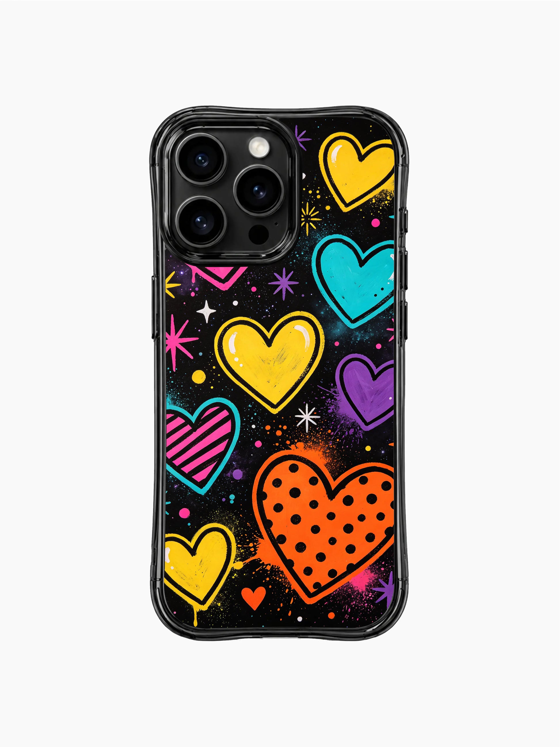 Shockproof wavy bumper PhoneCasing iPhone 13 Pro Max case, Heart Pop Universe full textured crayon artwork, oversized layered neon hearts, mini star heart doodle details, scratch-resistant glossy casing