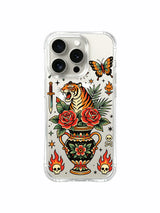 PhoneCasing iPhone 15 pro Case large single top butterfly, shortened palm leaves, one wrapped-hilt dagger, two skulls with surrounding starburst, rugged daily-use iPhone 15 pro casing.