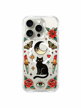 Black cat with large butterfly, dagger and stars artwork on an iPhone 15 Pro case