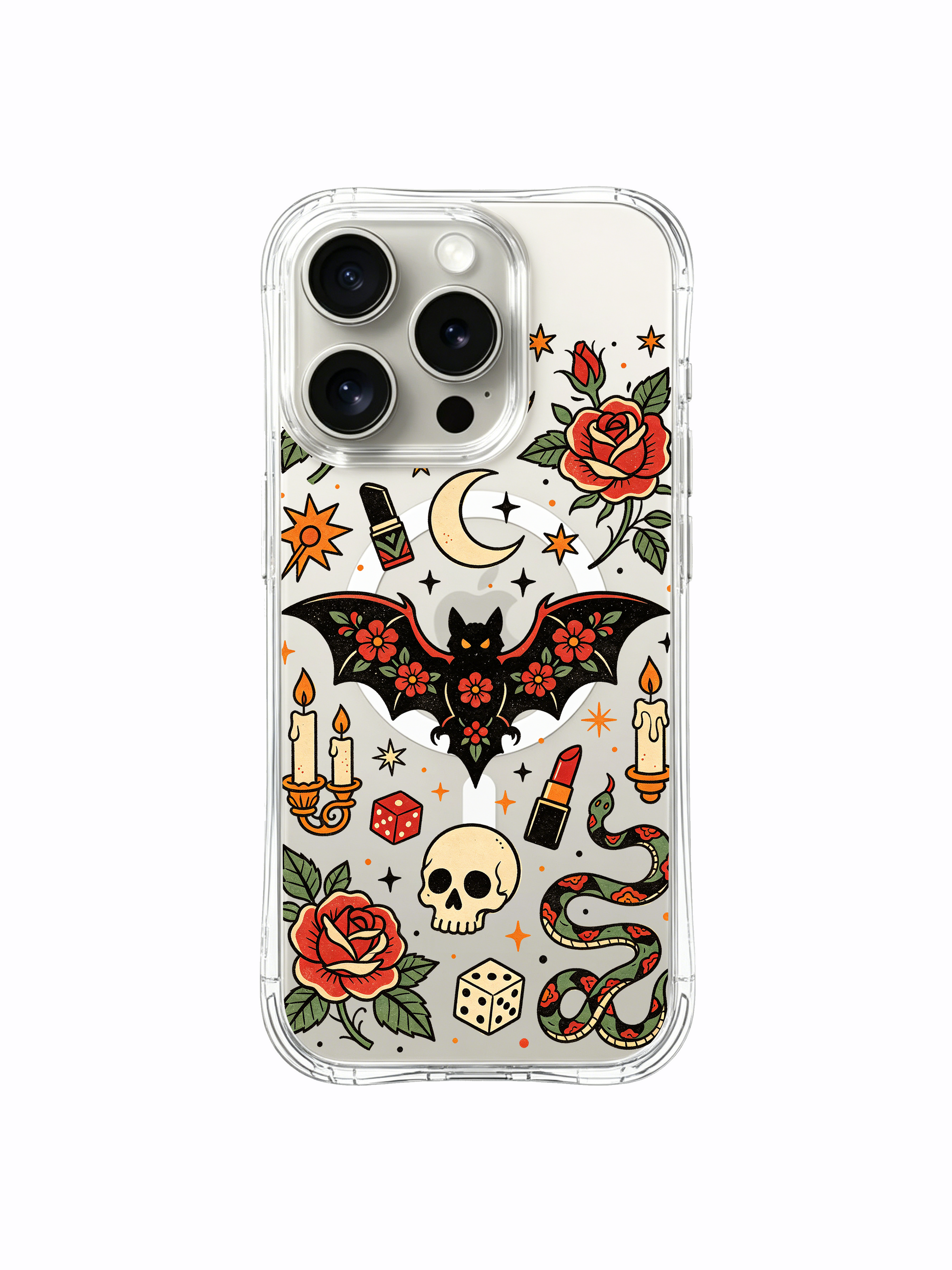 PhoneCasing iPhone 15 pro Case oversized crescent moon graphic, short-cut rose petals, standalone lit candle next to flower bat, rugged daily-use clear iPhone 15 pro casing