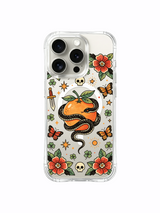 PhoneCasing iPhone 15 pro Case extra large star accents, short-cut flower petals, double green clovers and central fruit serpent, rugged daily-use clear iPhone 15 pro casing.