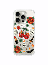 PhoneCasing iPhone 15 pro Case extra large star accents, short-cut flower petals, double dotted dice and central grinning fire fruit, rugged daily-use clear iPhone 15 pro casing.