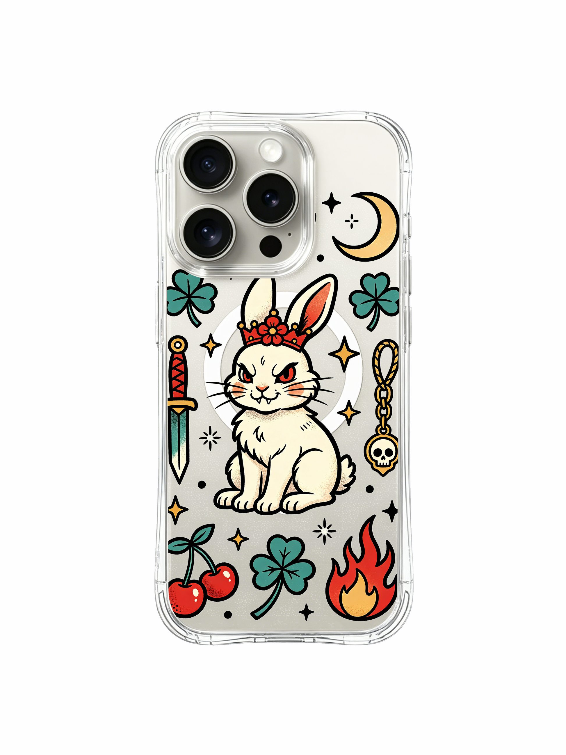 PhoneCasing iPhone 15 pro Case oversized top pale yellow crescent graphic, short-cut flower petals, standalone cherry cluster beside skull-charm bunny, rugged daily-use clear iPhone 15 pro casing.
