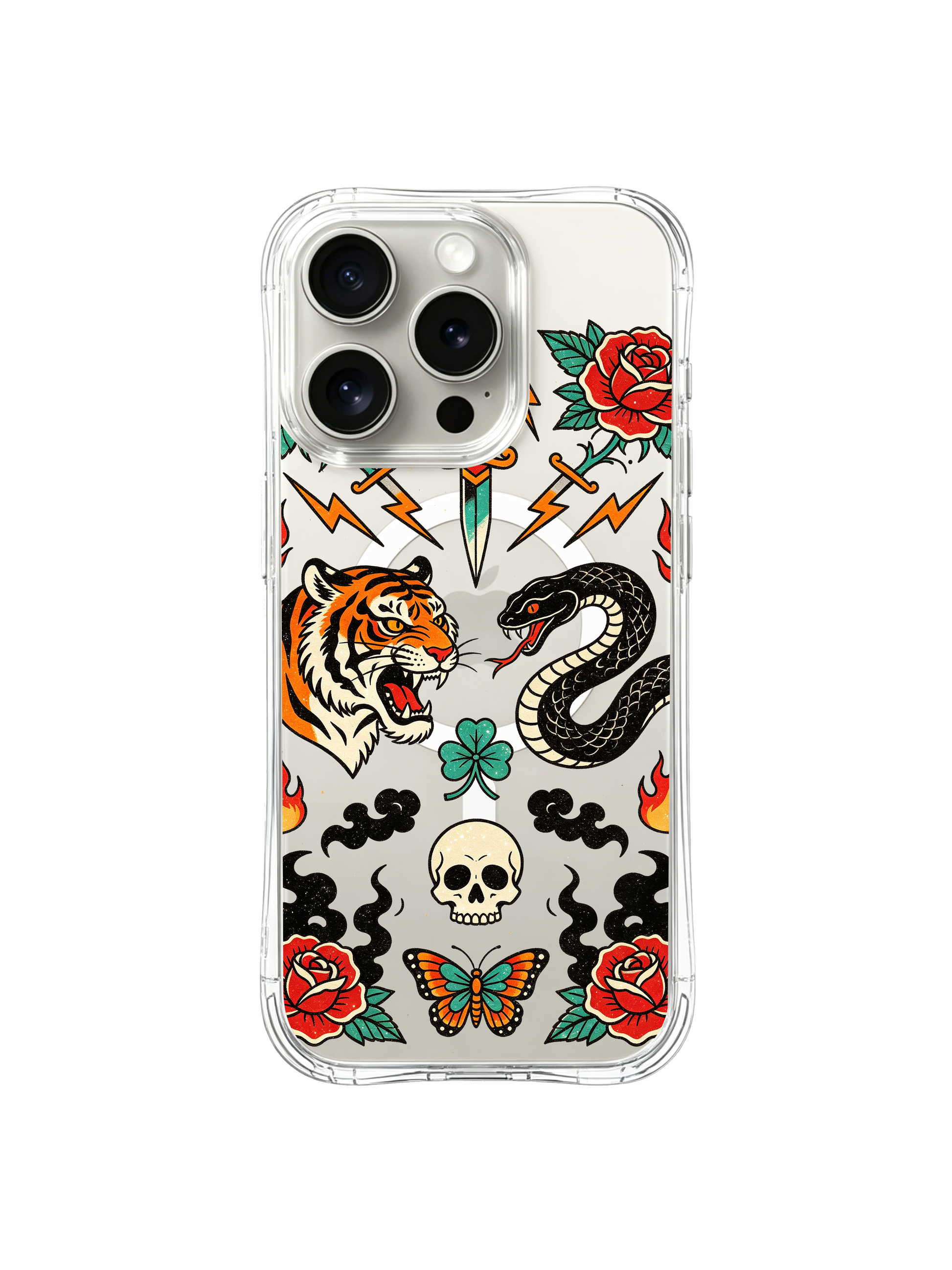 PhoneCasing iPhone 15 pro Case oversized top red rose bloom, short-cut flower petals, standalone butterfly beside skull-flame accent, rugged daily-use clear iPhone 15 pro casing.