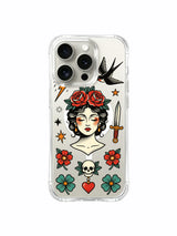 Storm woman with large upper rose and skull artwork on an iPhone 15 Pro case