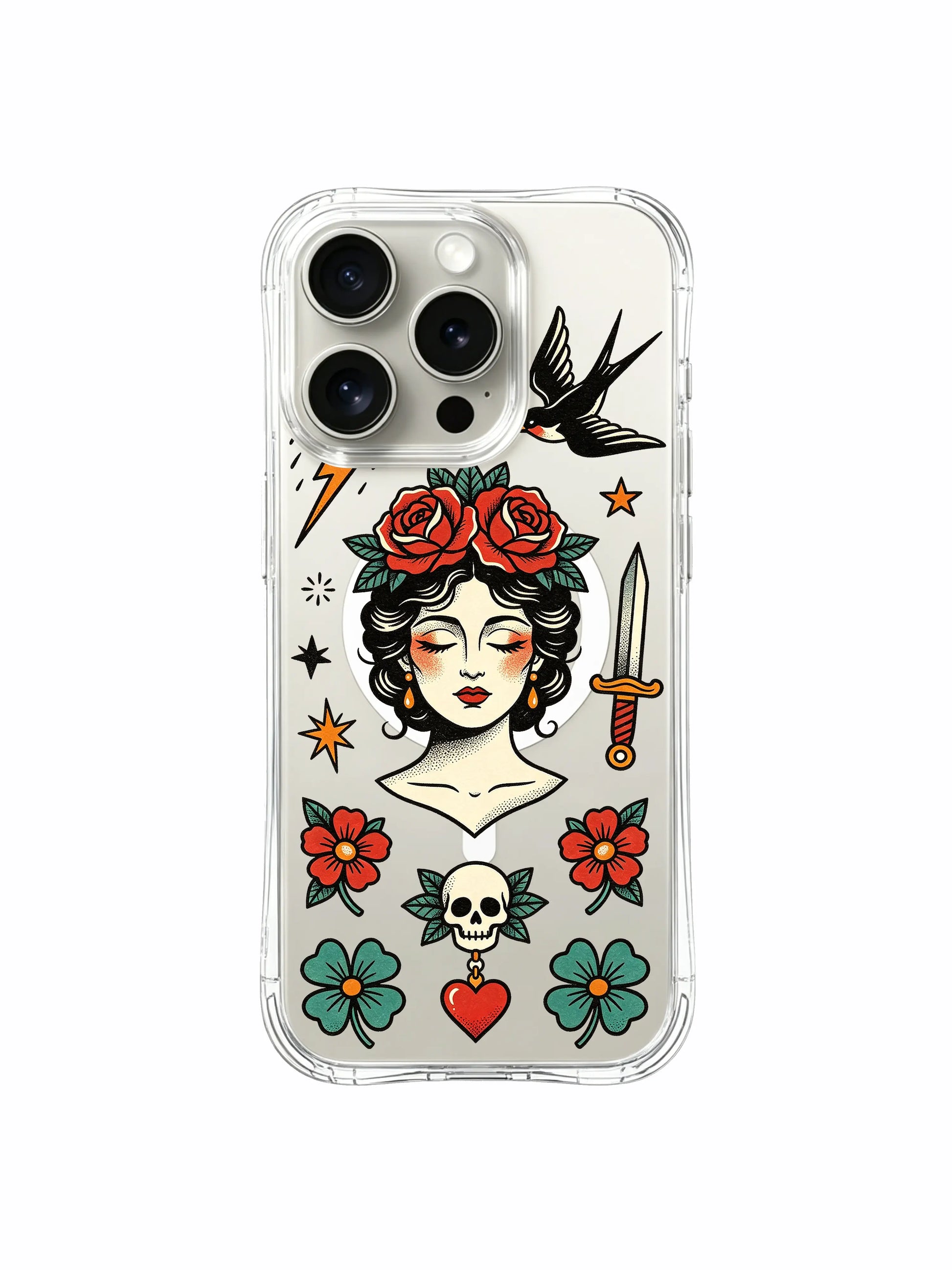 PhoneCasing iPhone 15 pro Case oversized top red crown rose, short-cut flower petals, standalone skull-flower accent beside lightning detail, rugged daily-use clear iPhone 15 pro casing.