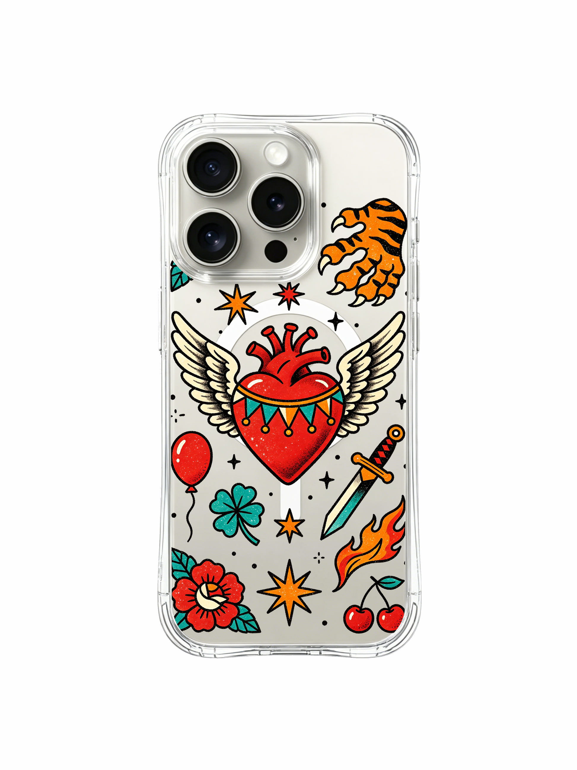 PhoneCasing iPhone 15 pro Case oversized orange top star graphic, short-cut flower petals, standalone red balloon beside grinning fruit and wander heart, rugged daily-use clear iPhone 15 pro casing.