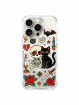 Skull and cat with large bat and candle artwork on an iPhone 15 Pro case