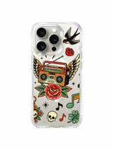 Retro radio with large swallow, flame and stars artwork on an iPhone 15 Pro case