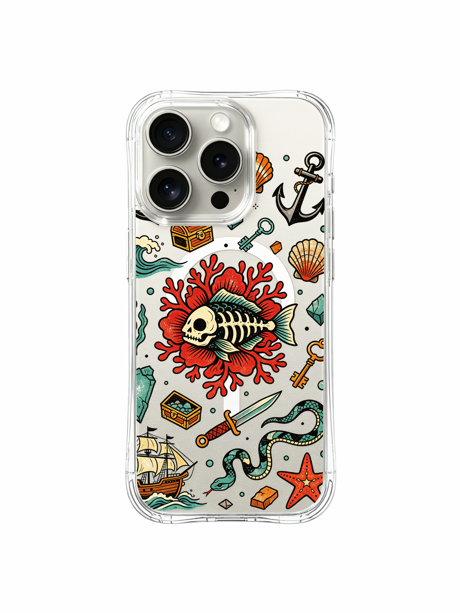 PhoneCasing iPhone 15 pro Case oversized top black metal anchor graphic, short-cut rolling wave details, standalone treasure crate beside patterned sea serpent & skeleton fish, rugged daily-use clear iPhone 15 pro casing.