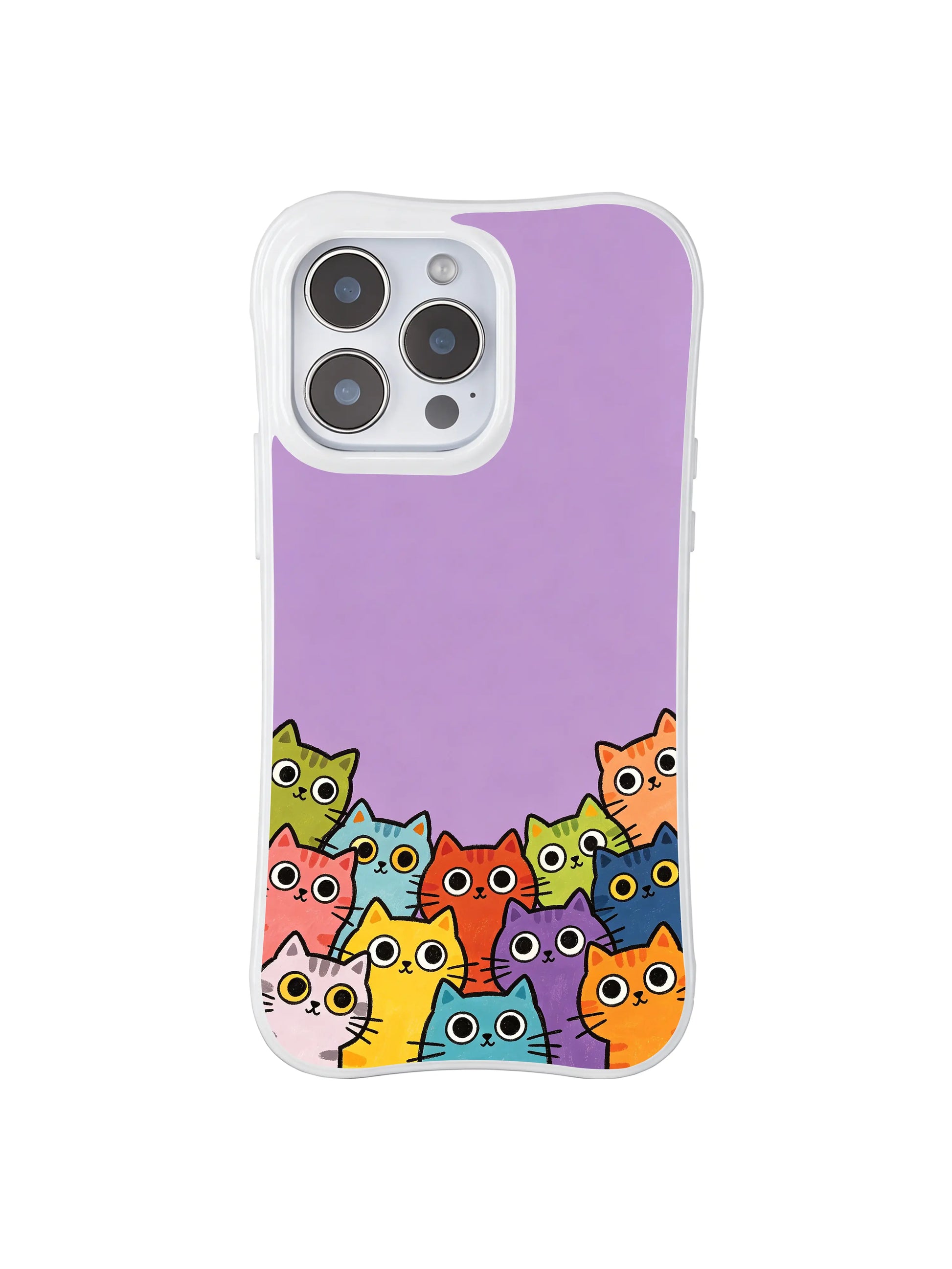 PhoneCasing iPhone 16 pro max anti-yellowing case with Mimi Colorfield art, cute cats on a bright purple stage backdrop.