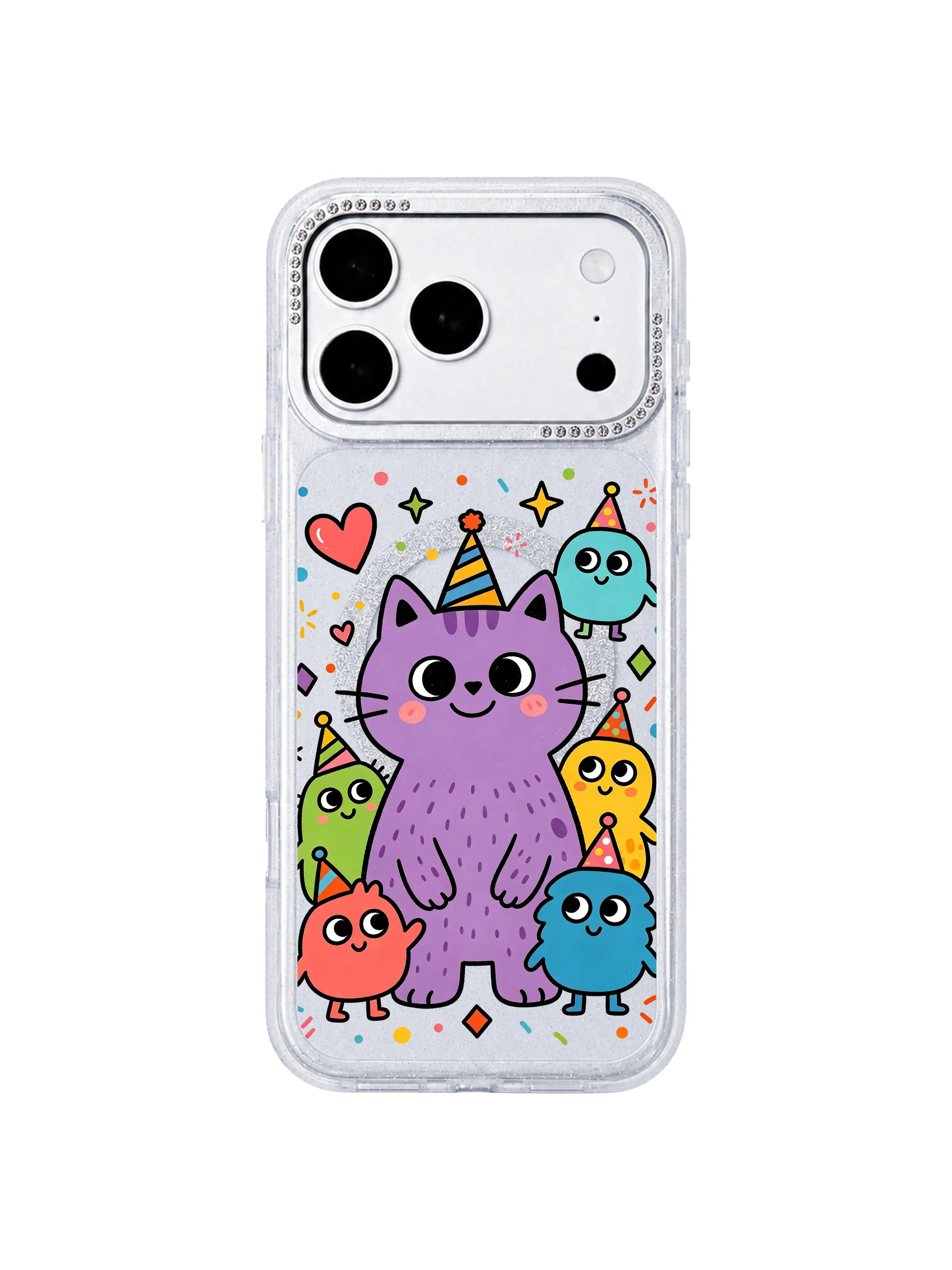 PhoneCasing character macro shot of the shy grinning pink-hat purple cat protagonist from the self-love series on Shy Smile Purple Cat iPhone 17 Pro Max case, Milo Popkins signature gentle doodle aesthetic on the iPhone 17 Pro Max casing