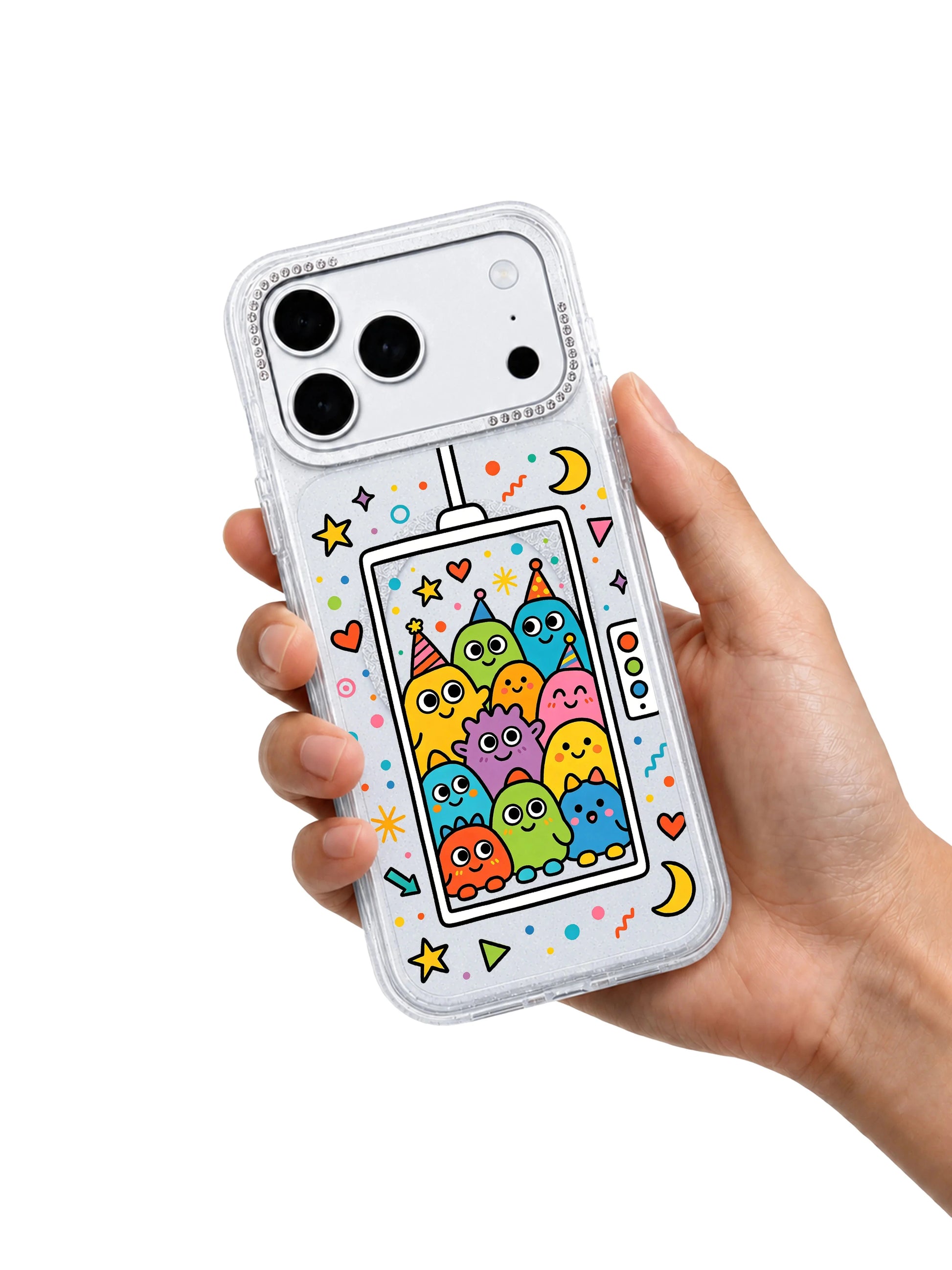PhoneCasing cozy indoor handheld lifestyle photo of Shy Wish Monster Elevator iPhone 17 Pro Max case, human grip shot of translucent glitter iPhone 17 Pro Max casing with gentle aspiration doodles optimized for daily wear search ranking