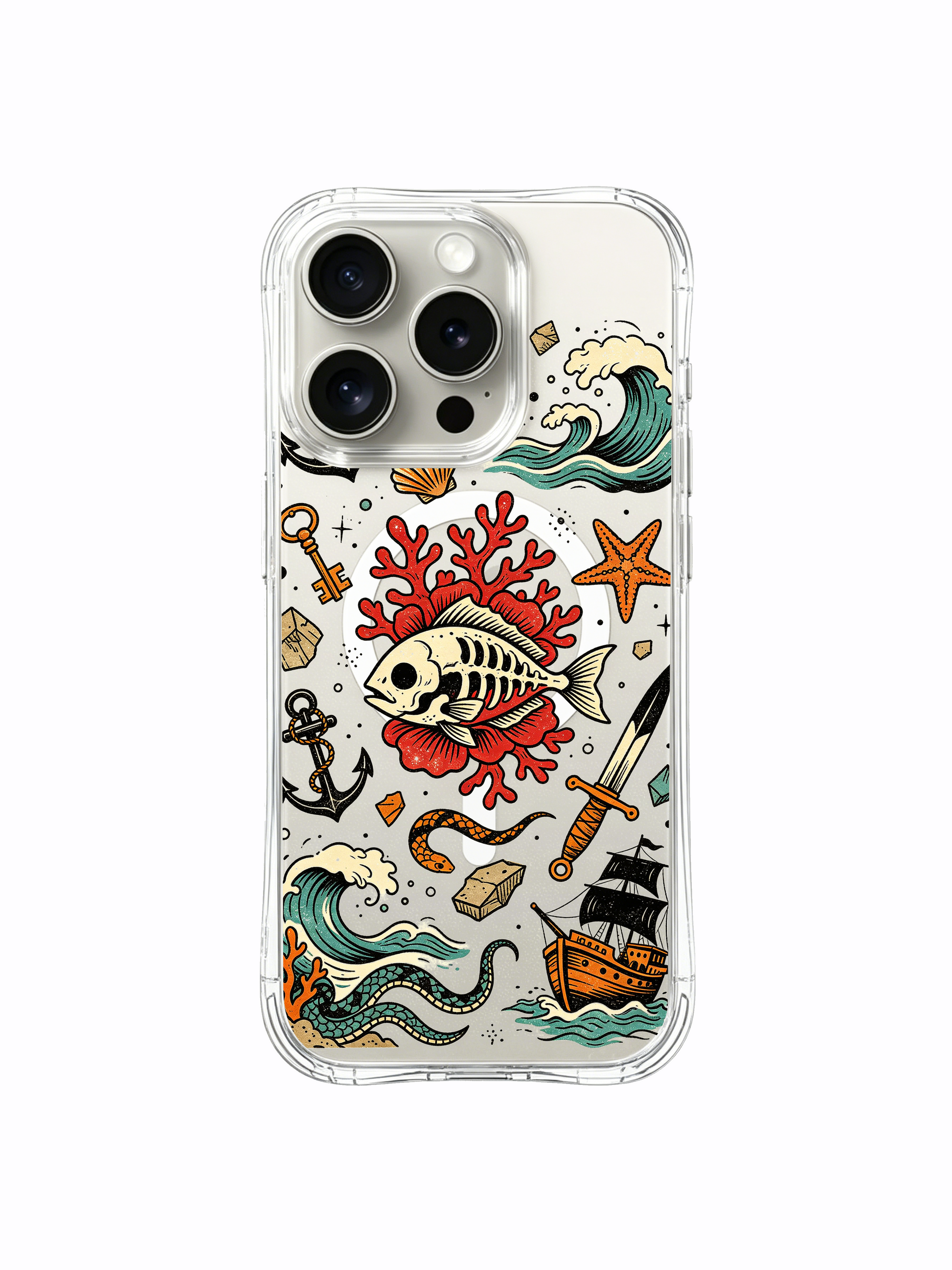 PhoneCasing iPhone 15 pro Case with offset vintage skeleton key, single gold-filled treasure crate and unrestrained deep sea skull fish paired with classic nautical tattoo decor, collectible vintage art iPhone 15 pro casing.