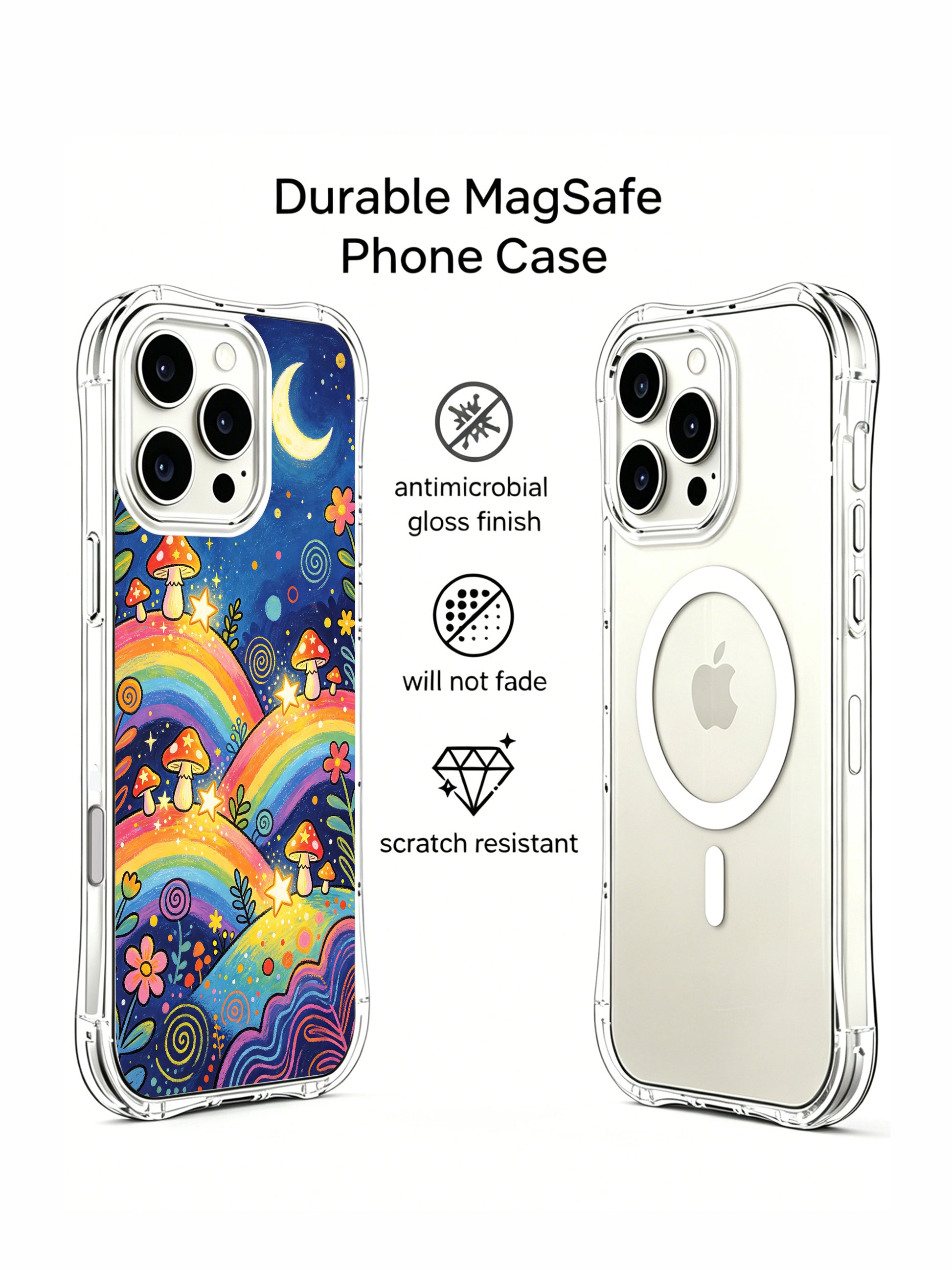 PhoneCasing iPhone 16 pro max Case, fade-proof glossy art casing with vibrant wildflowers framing curved rainbow ridges, little star-collector mushrooms resting on hill crests, dotted spiral cosmic details across night sky, limited-edition wearable art exclusively from PhoneCasing California workshop.