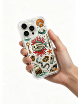 PhoneCasing iPhone 15 pro Case decorated with standalone side coral sprigs, full detailed antique pirate vessel, treasure and sea creature decor, lightweight drop-resistant clear iPhone 15 pro casing.
