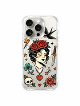 Storm woman with side crossbones and single blossom artwork on an iPhone 15 Pro case