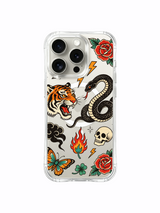 Tiger and serpent with side crossbones and butterfly artwork on an iPhone 15 Pro case