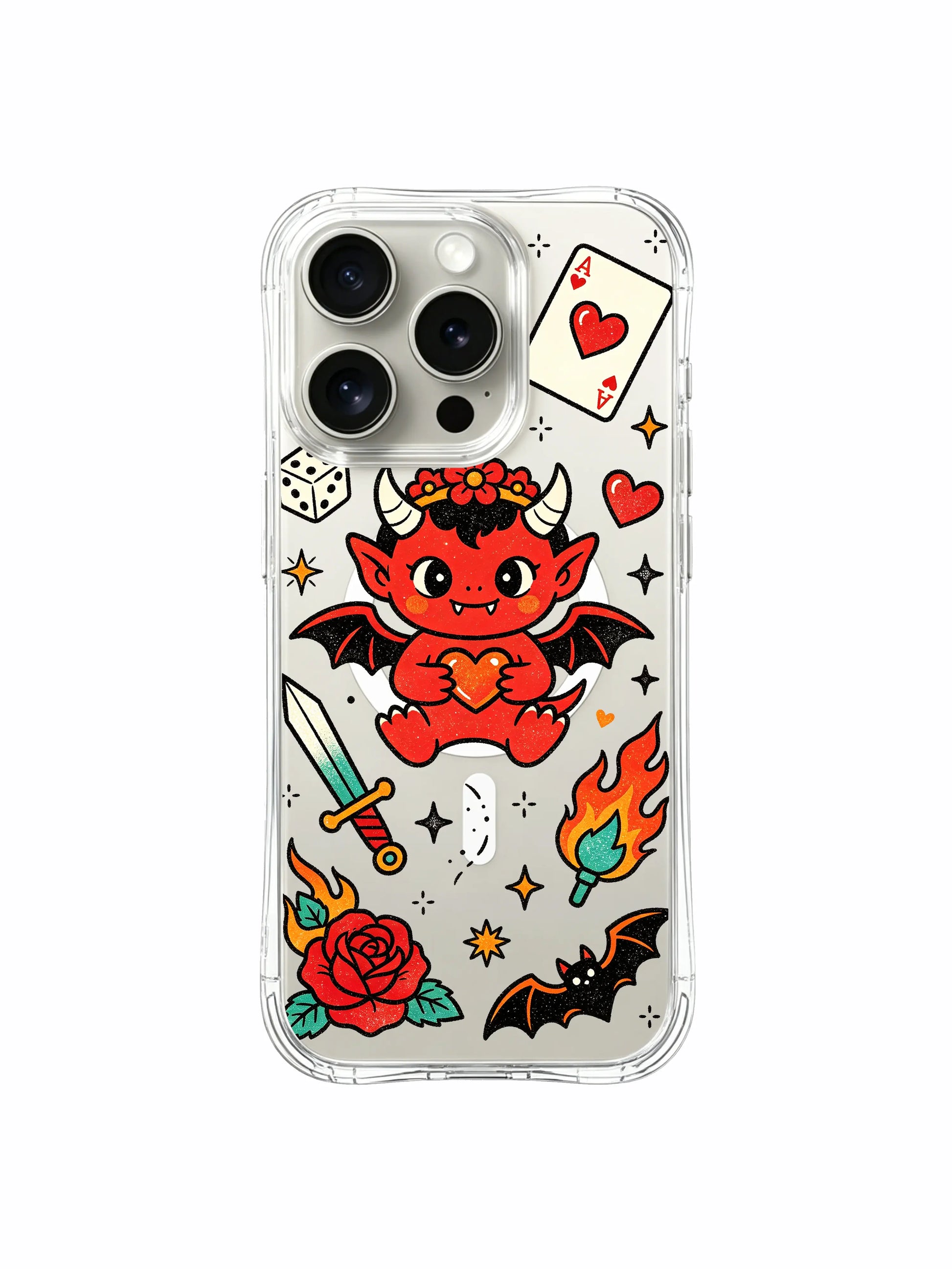 PhoneCasing iPhone 15 pro Case featuring side-placed vintage dagger paired with blooms and playful devil, premium transparent art phone casing with US free shipping.
