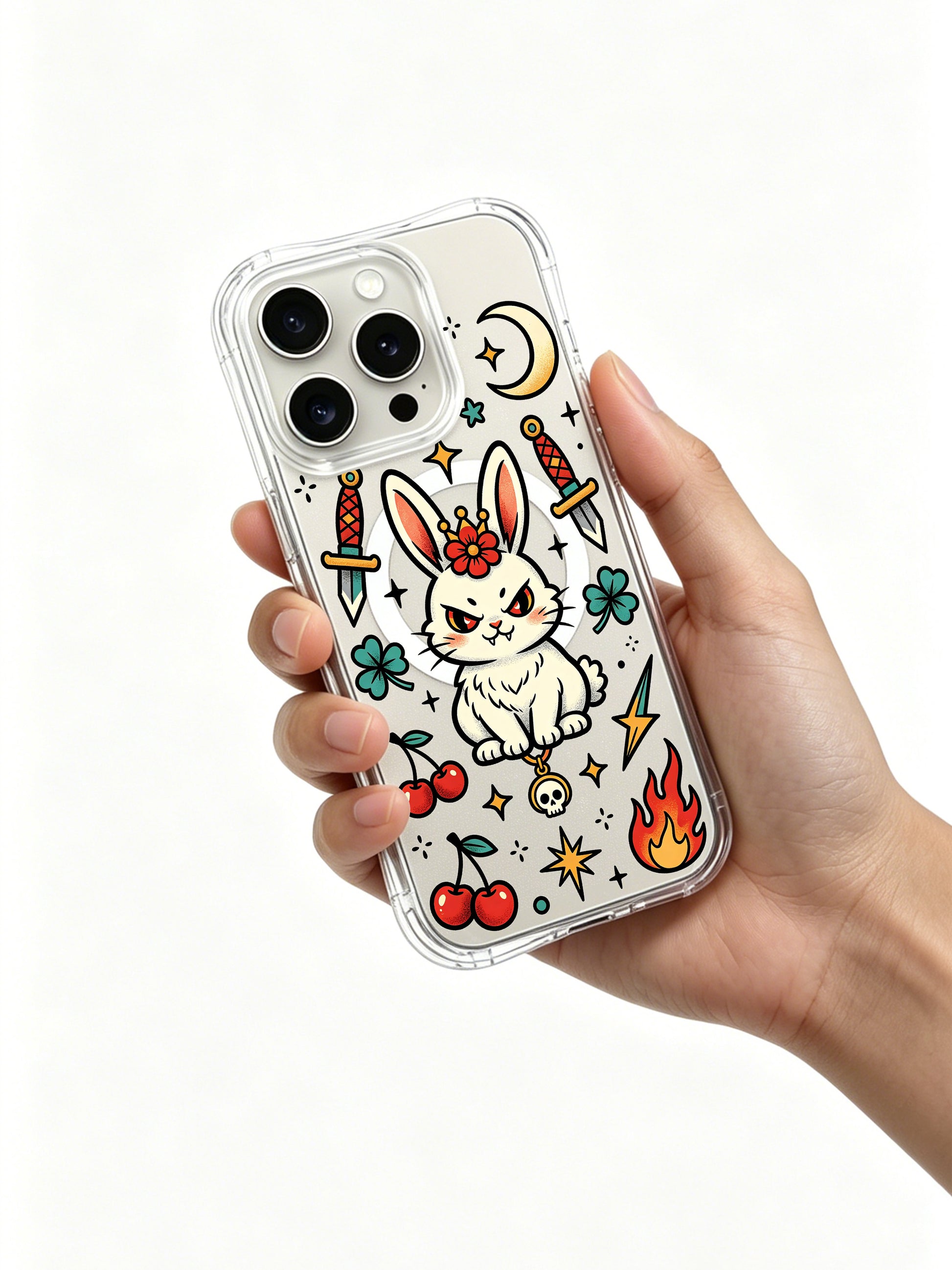 PhoneCasing iPhone 15 pro Case decorated with isolated side flame ornament, complete bottom cherry bunches and self-determined lucky bunny decor, lightweight drop-resistant clear iPhone 15 pro casing.