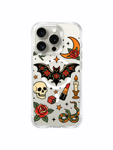 Floral black bat with flame and red rose artwork on an iPhone 15 Pro case
