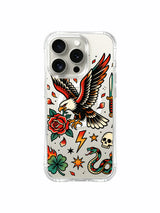 Eagle with flame, clover and thorny rose artwork on an iPhone 15 Pro case