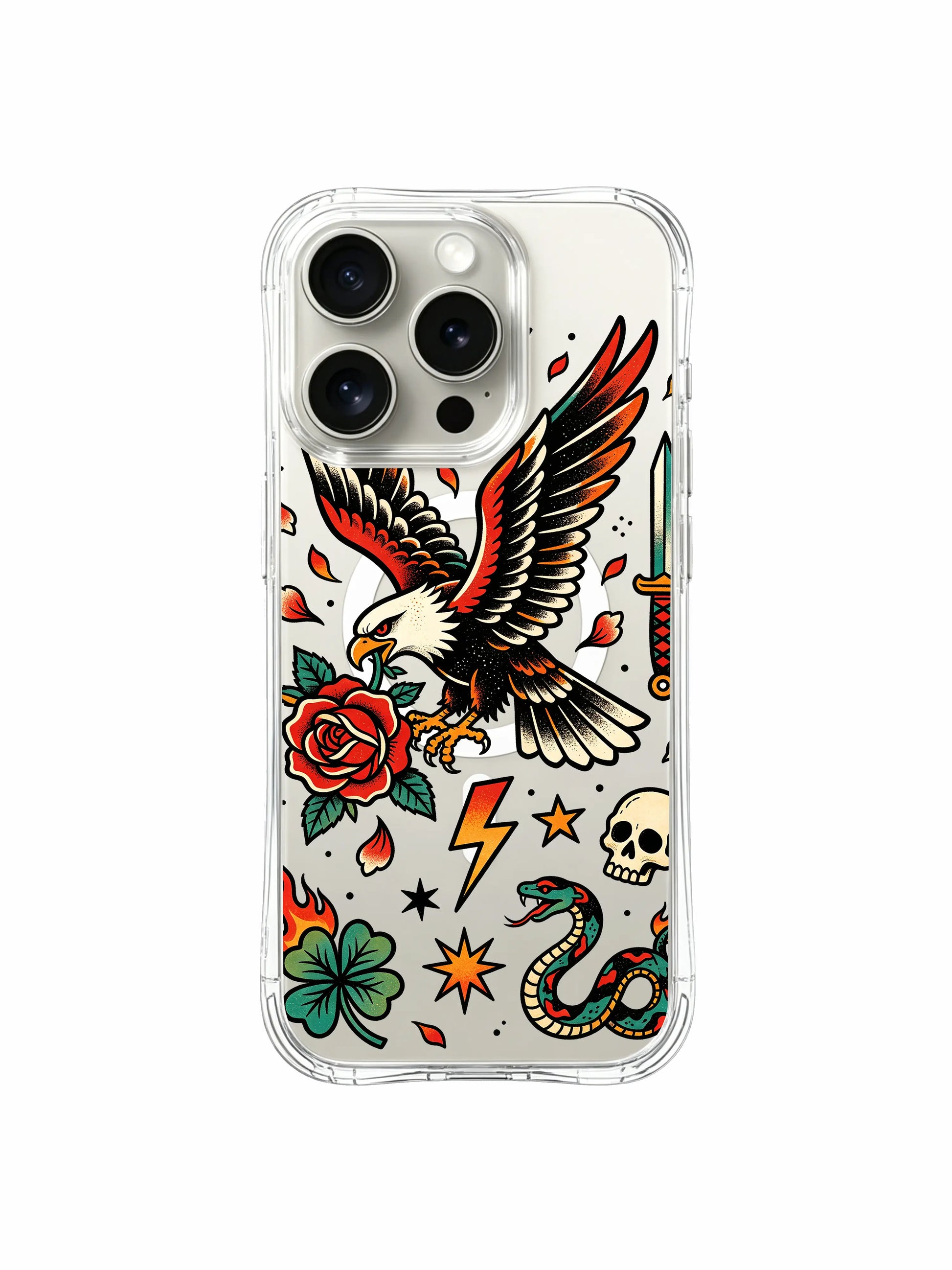 PhoneCasing iPhone 15 pro Case with side flame detail accents, single four-leaf clover, wild bald eagle paired with thorny red rose, collectible old school tattoo iPhone 15 pro casing.
